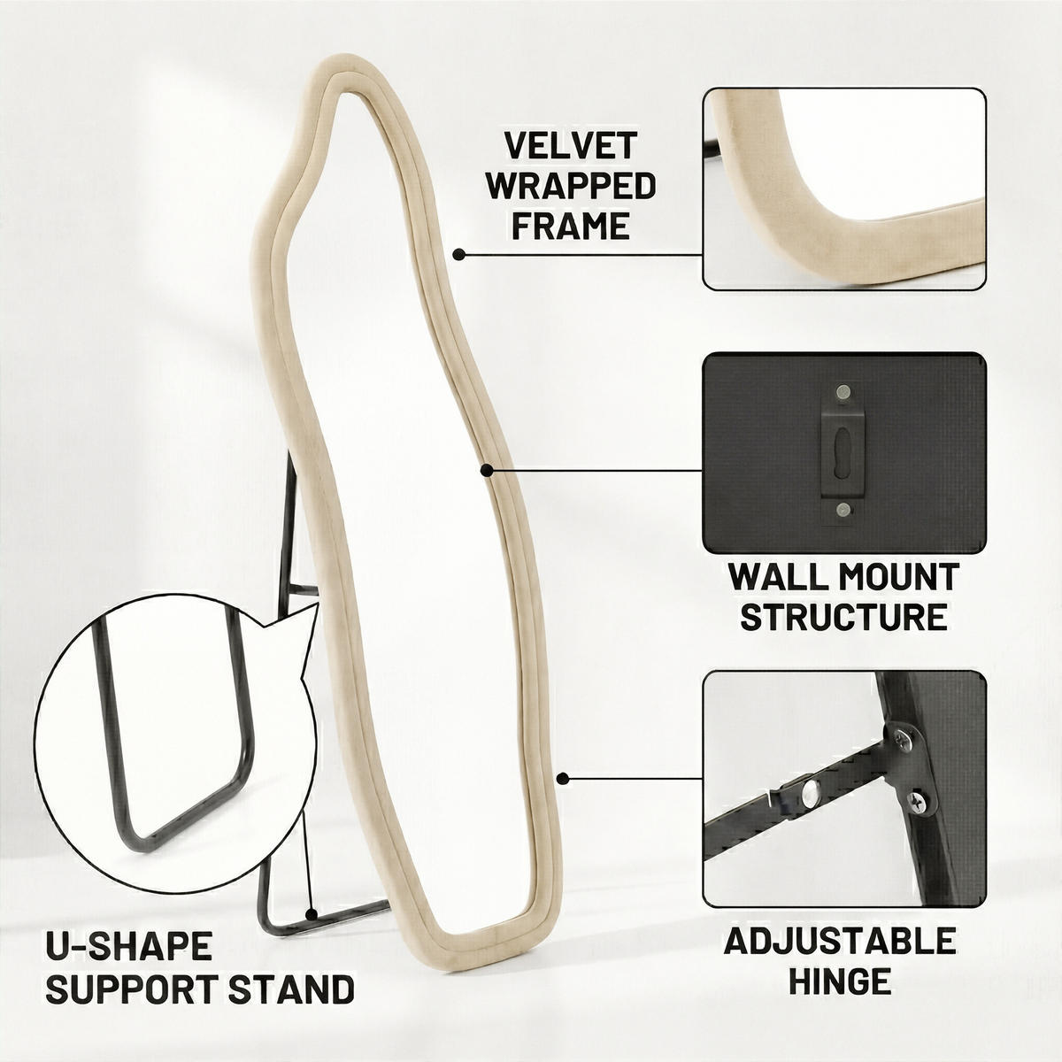 GANZKÖRPERSPIEGEL Wellen-Design mit U-Standfuß & Scharnier 140/45 cm Champagner-Gold - Goldfarben, Glas/Holzwerkstoff (45/140/3cm) - Creahappy