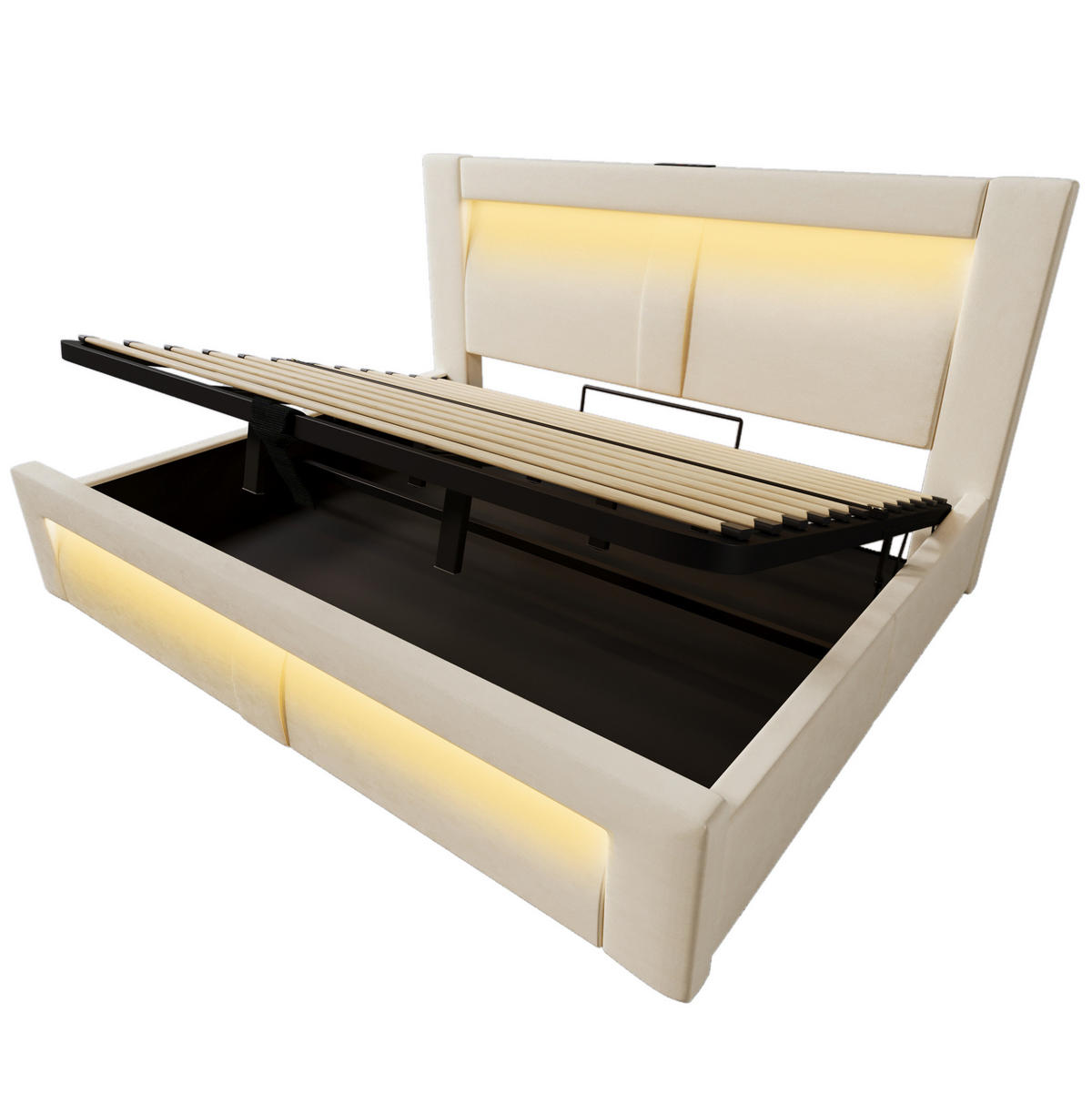ČALÚNENÁ posteľ 180/200 cm béžová zamatová s úložným priestorom LED osvetlením a USB nabíjaním - béžová, textil (180/200cm) - OKWISH