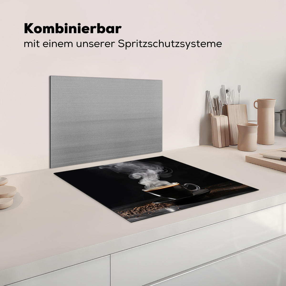 HERDABDECKPLATTE Kaffee - Schwarz - Bohnen - Heiß - Tasse Abdeckung Ceranfeld 59x51 cm - Schwarz, Kunststoff (59/51/0.2cm) - MuchoWow