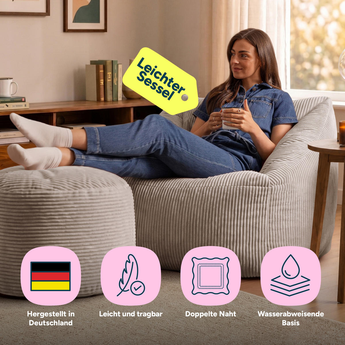 SITZSACK Sessel Natalia mit Sitzpouf - Hellgrau, Textil (100/80/88cm) - icon