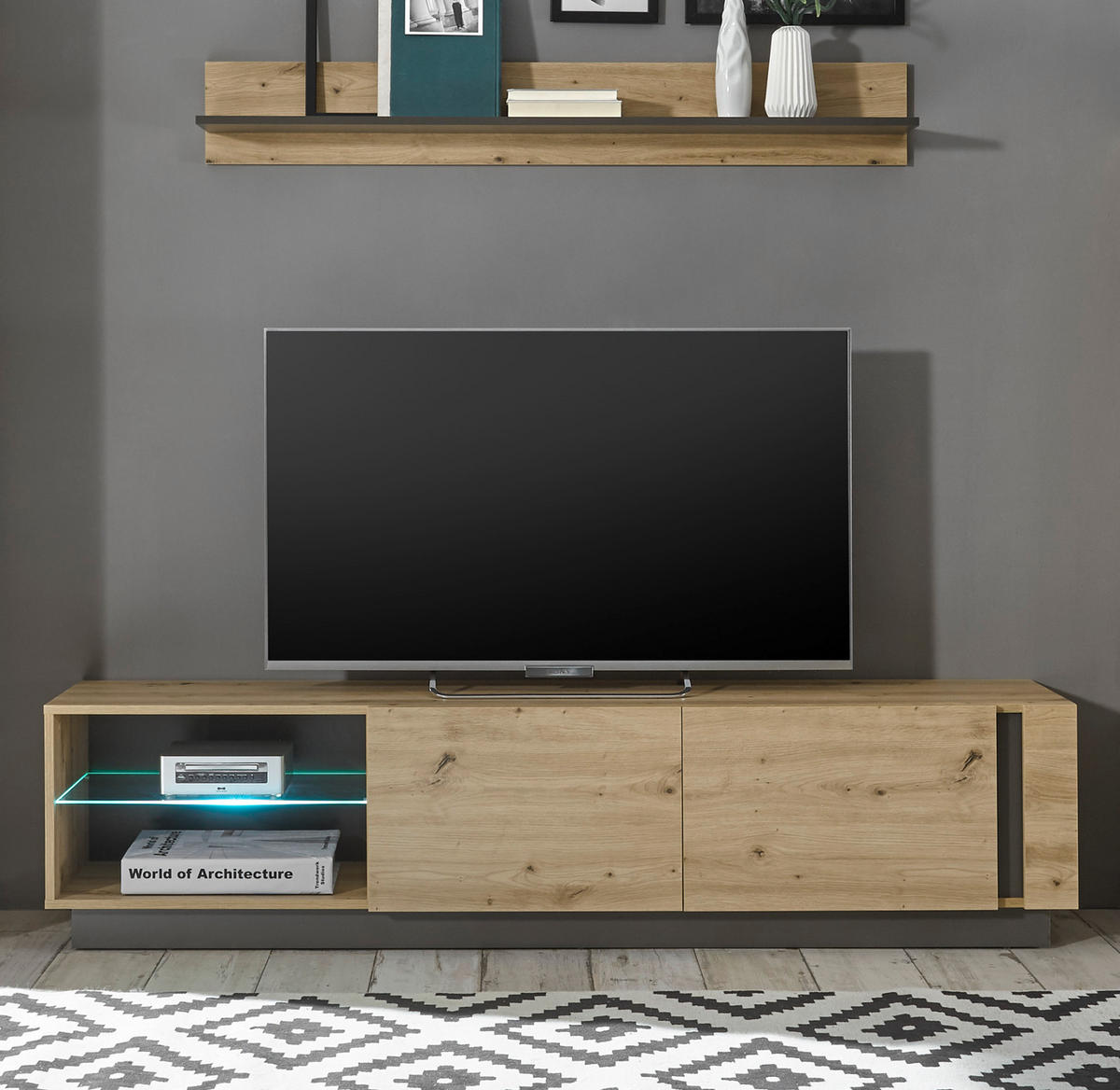 TV-LOWBOARD Eiche Artisan, Graphit grau 188 cm, TV-Unterteil mit Push-to-open - Eiche Artisan/Grau, Glas/Holz (188/46/40cm) - Furn.Design