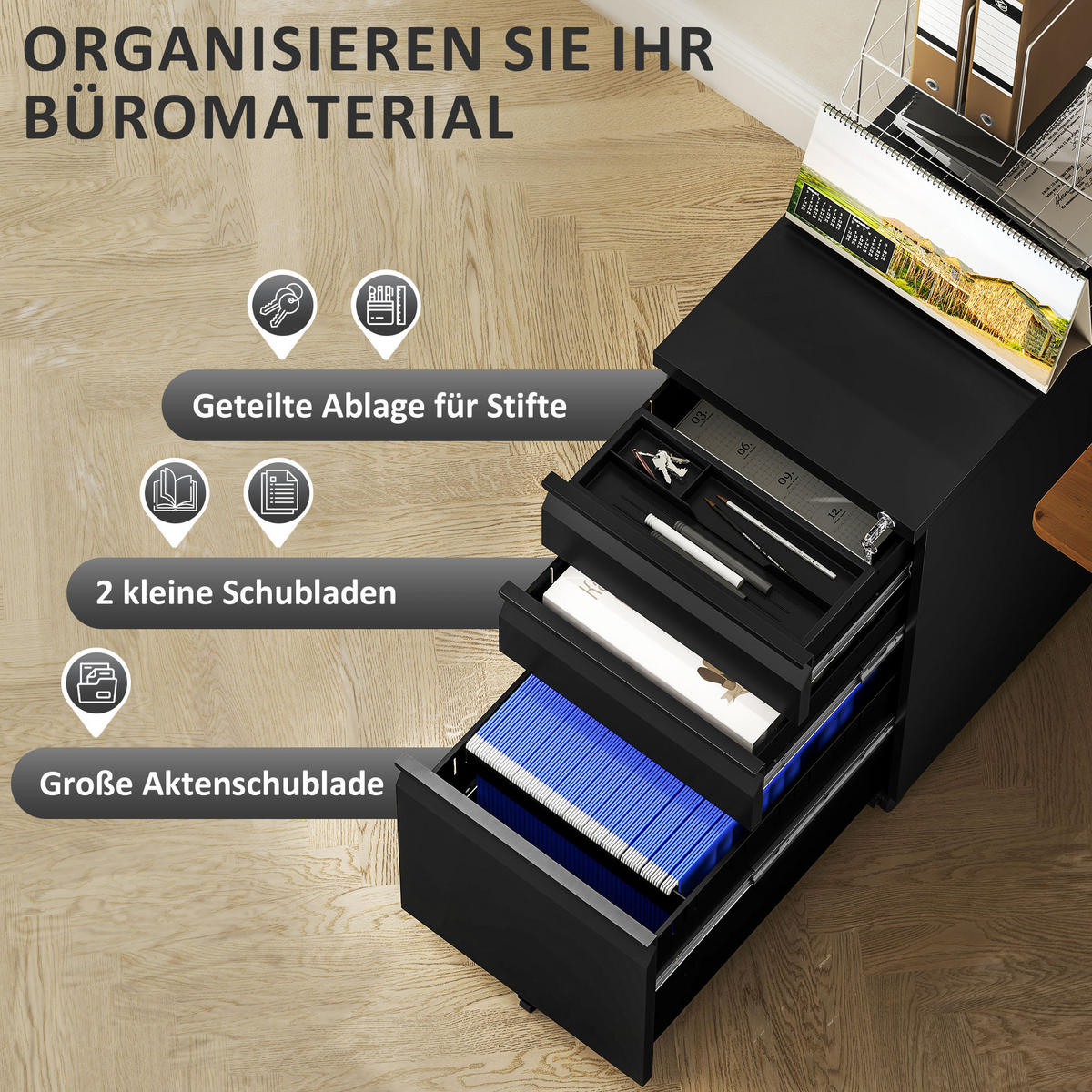 ROLLCONTAINER mit 3 Schubladen mobiler Aktenschrank mit Rollen abschließbar - Schwarz, Metall (30/60/43.5cm) - Vinsetto
