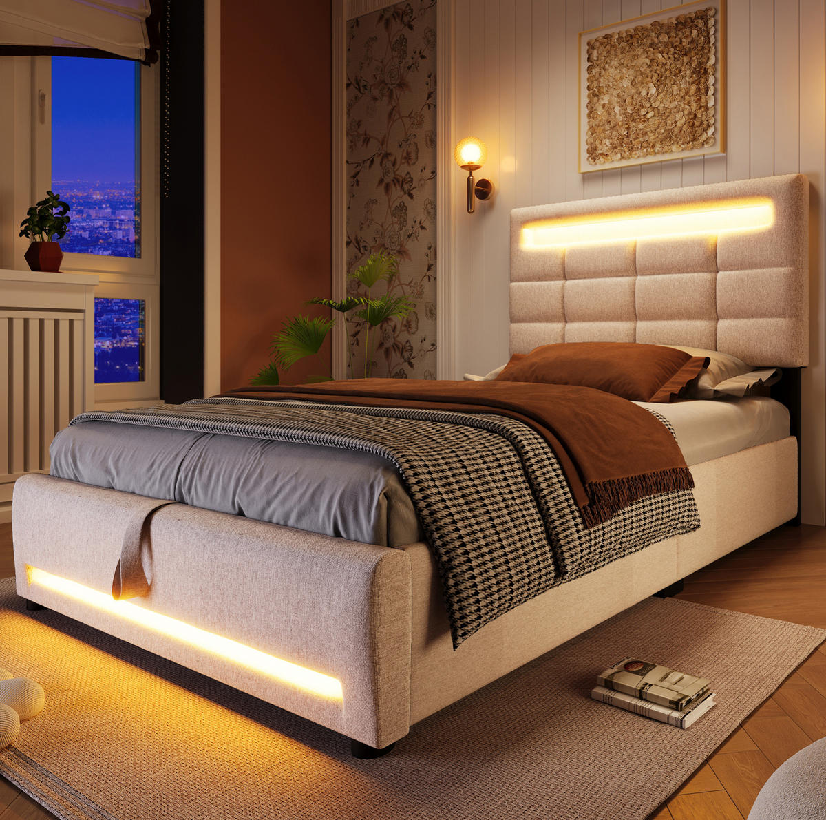 POLSTERBETT 90/200 cm Beige mit LED-Beleuchtung und hydraulischer Lagerung - Beige, Textil (90/200cm) - OKWISH