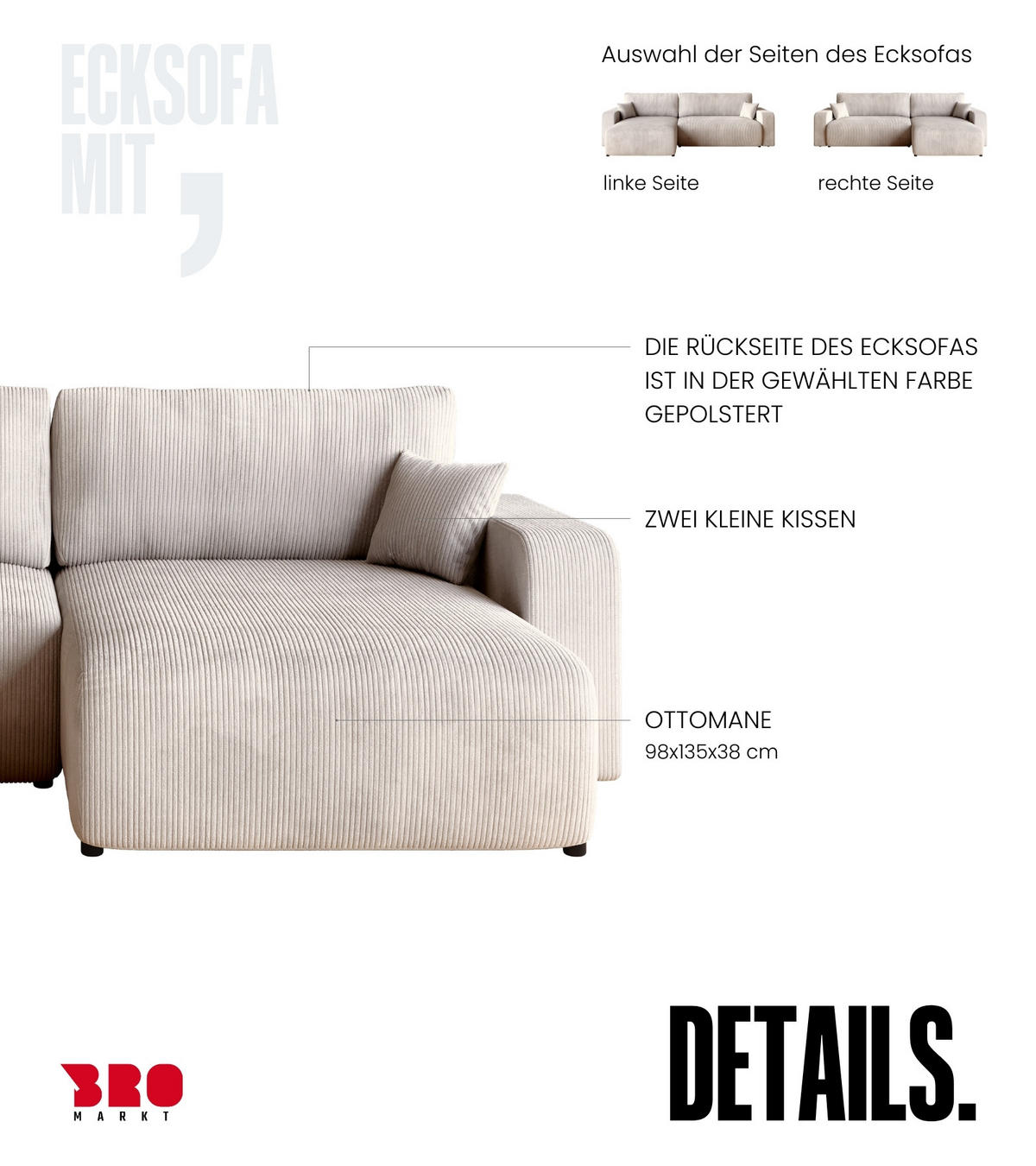 ECKSOFA PUMI XL mit Schlaffunktion Vanille Cord - Creme, Textil (274/148cm) - Bromarkt