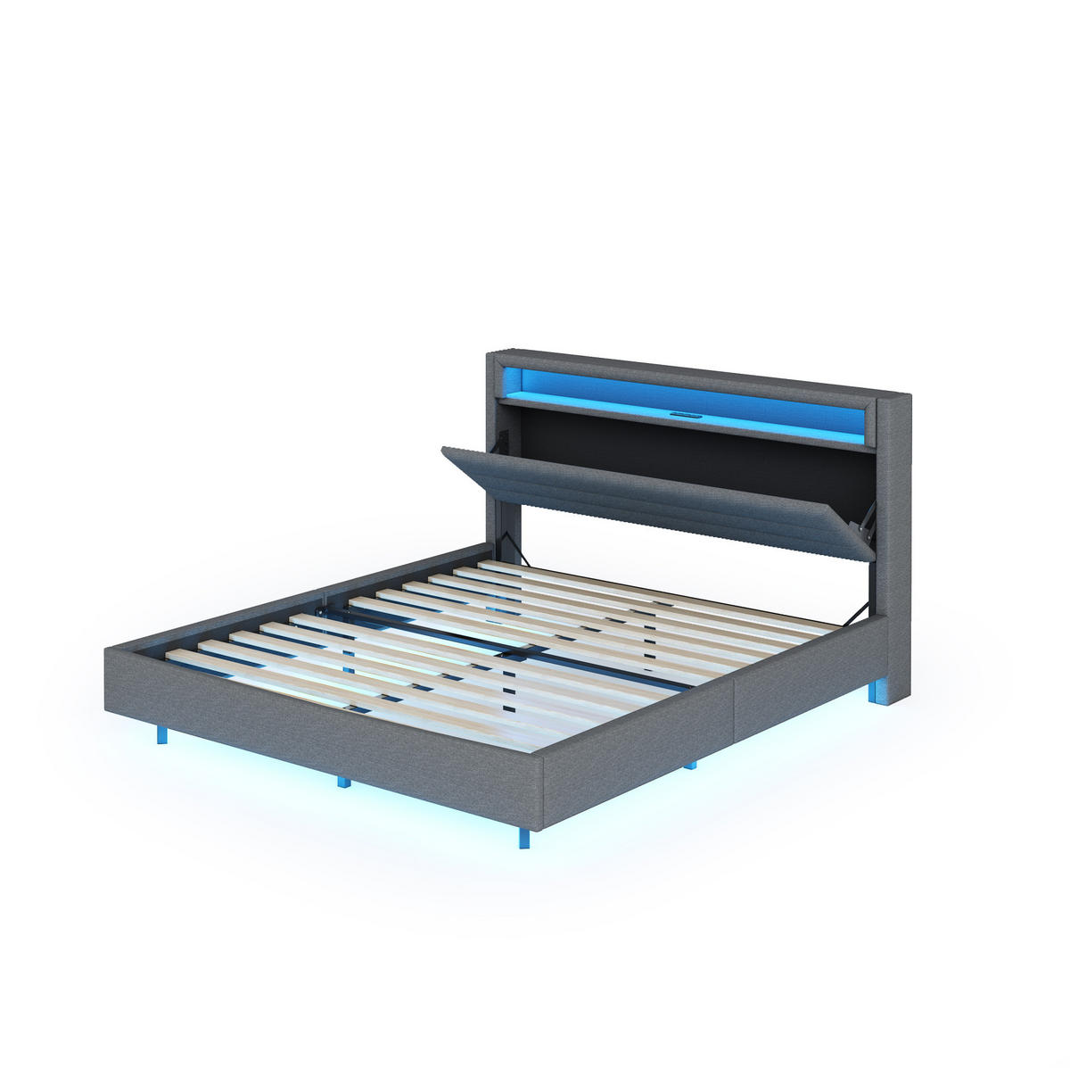 ČALÚNENÁ posteľ 160/200 cm sivá s USB a LED osvetlením z ľanovej tkaniny - sivá, textil (160/200cm) - OKWISH