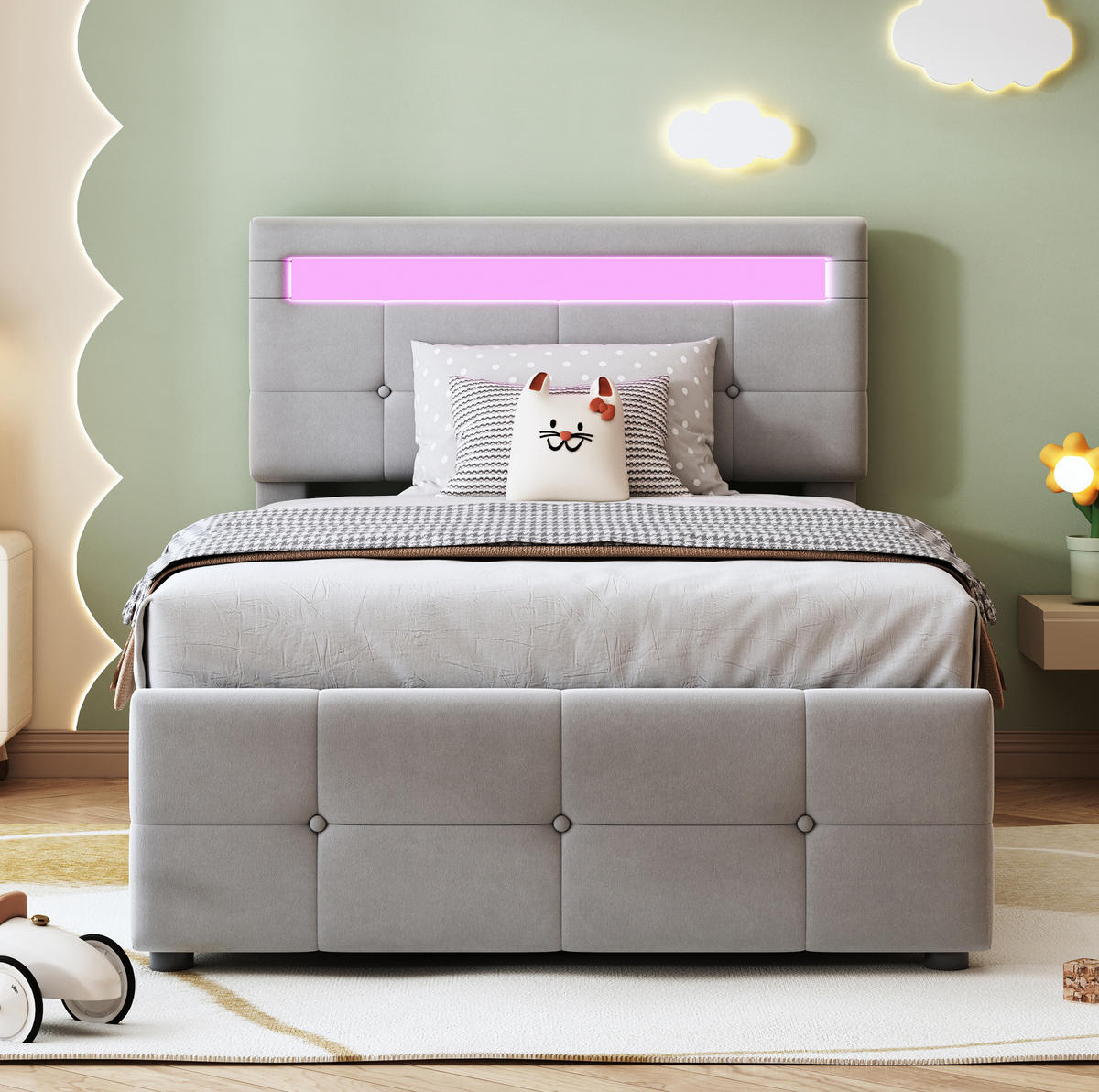 POLSTERBETT 90/200 cm Grau aus Samt mit LED-Beleuchtung und Stauraum - Grau, Textil (90/200cm) - OKMYHOME
