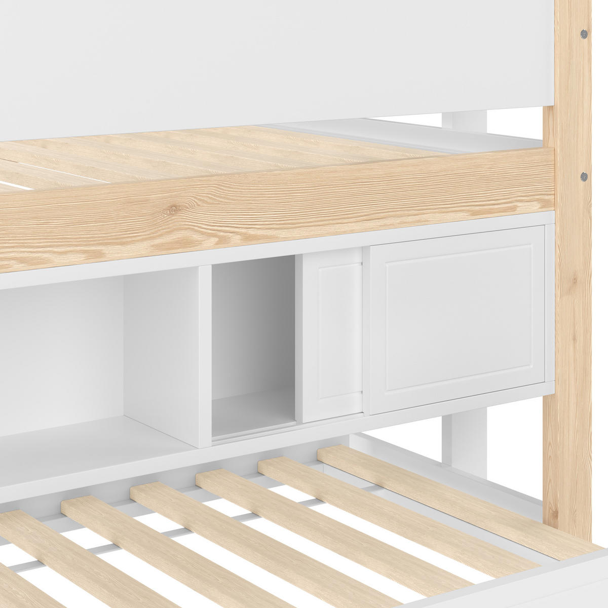 HALBHOHES BETT 90x200cm Weiß + Natur Ausziehbett Kinderbett Ablagefächer - Multicolor, Holz (90/200cm) - FLIEKS