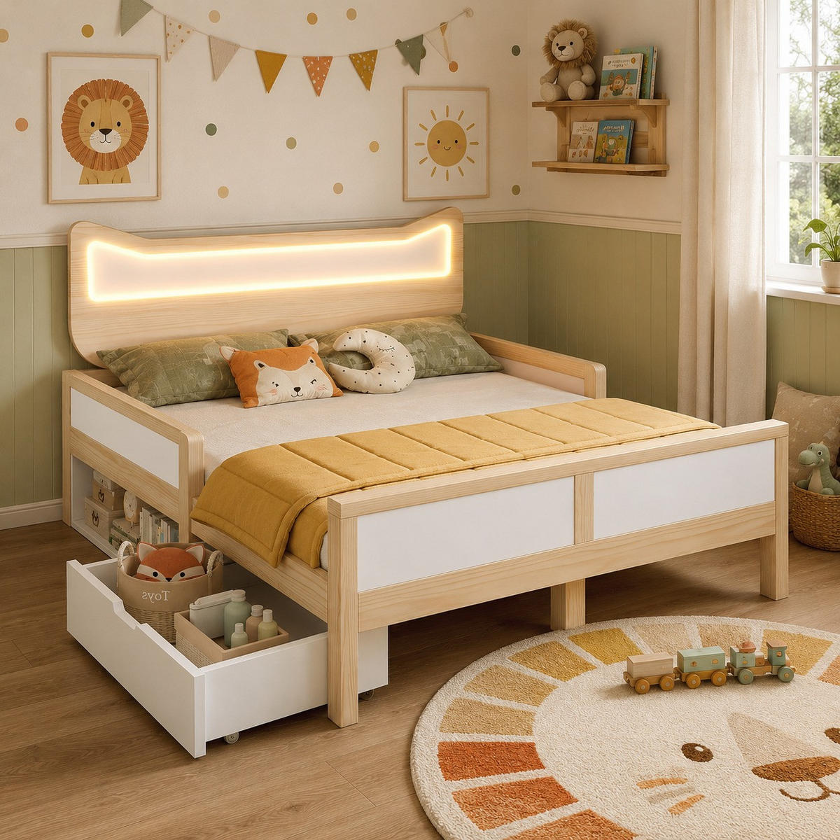 KINDERBETT 140/200 mit LED, Schublade und Staufach in Weiß und Eiche - Naturfarben/Weiß, Holzwerkstoff (140/200cm) - EVRYAE