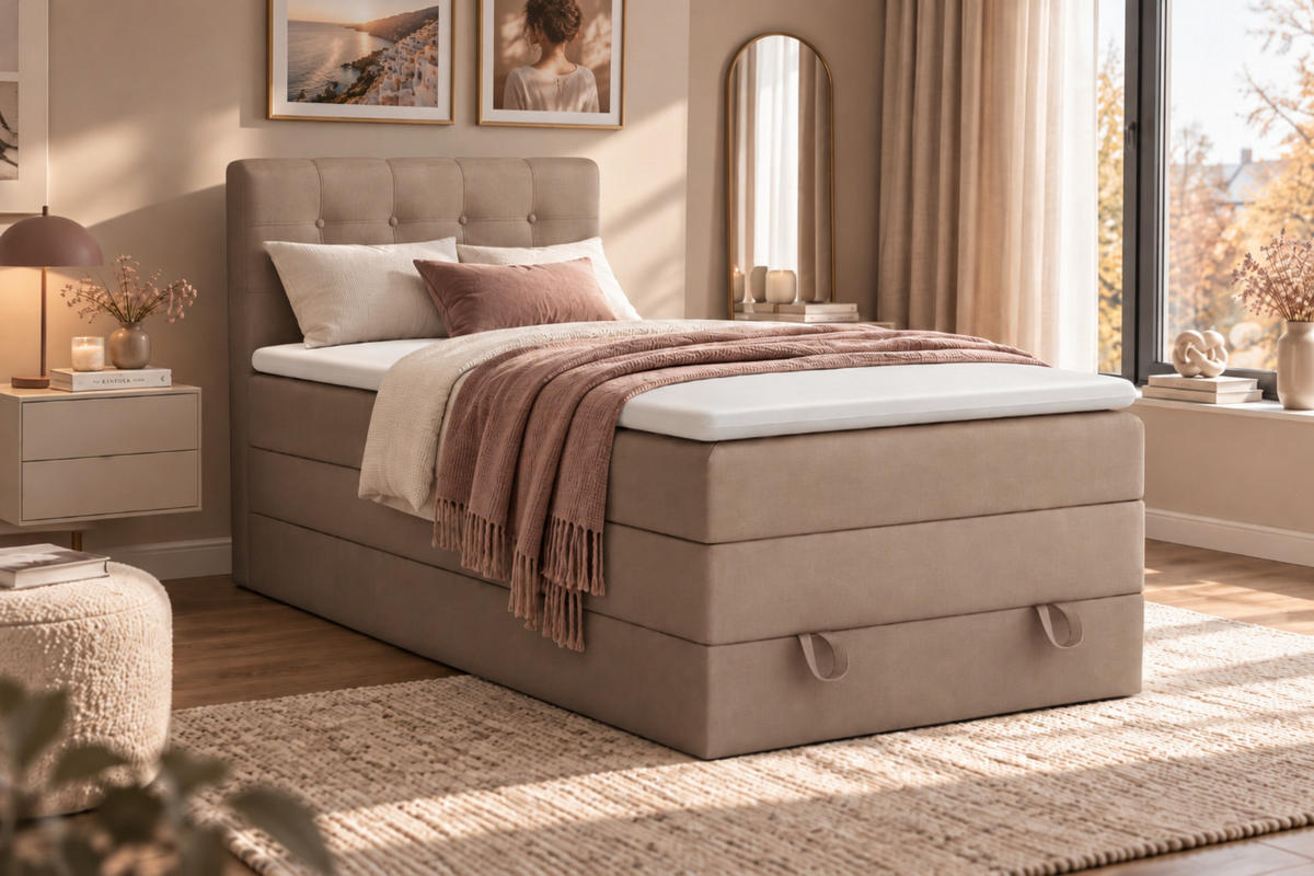 BOXSPRINGBETT JUNG 1 90/200 Velours Beige mit Matratzen H3 + H4 - Beige, Holz/Holzwerkstoff (92/200cm) - Deine Möbel 24