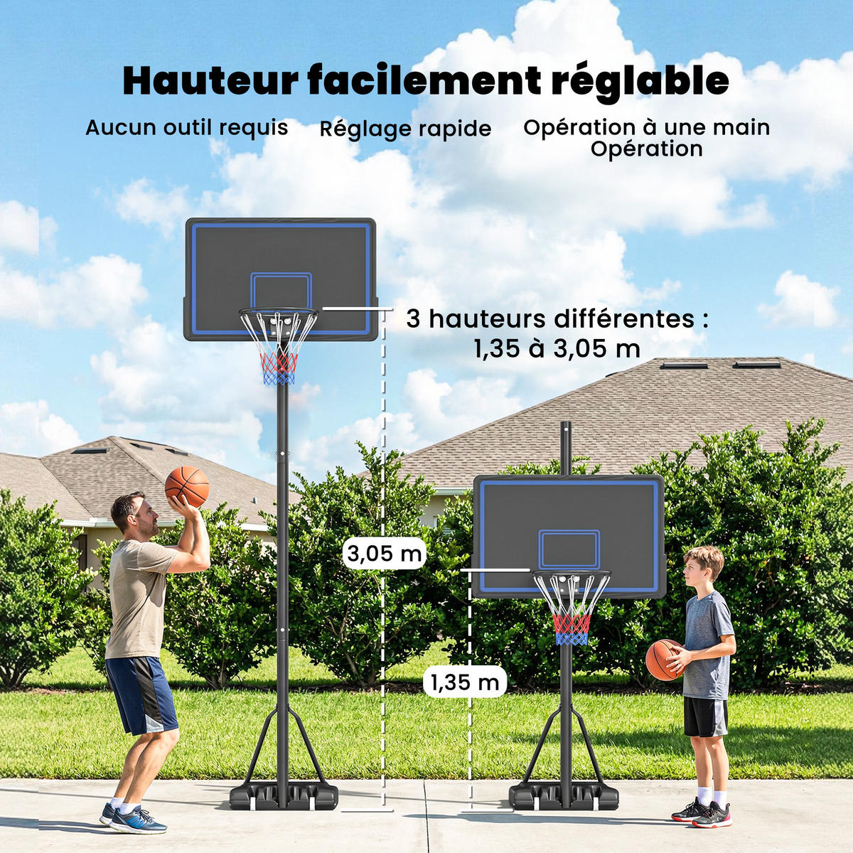 BASKETBALLKORB DE-18526 höhenverstellbar 1,35-3,05 m Blau - Schwarz, Metall (90/120cm) - ComfortXL