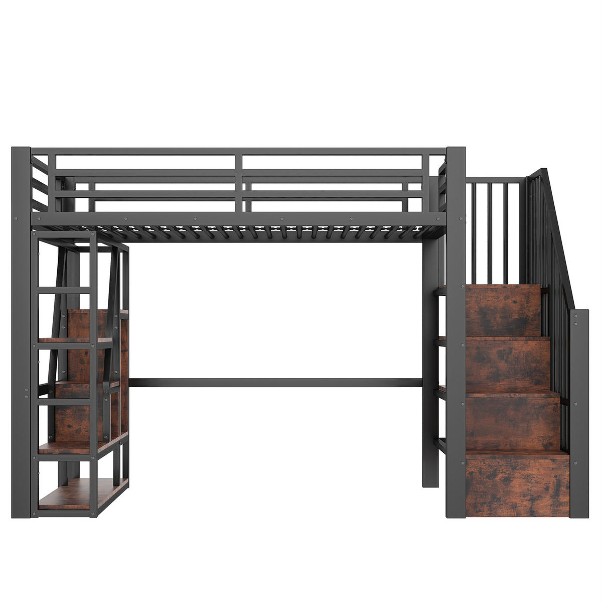 HOCHBETT 254/95,5/160 cm aus Metall und MDF mit LED-Lichtleiste und Stauraumtreppe Schwarz - Schwarz, Holzwerkstoff (90/200cm) - Modenvie