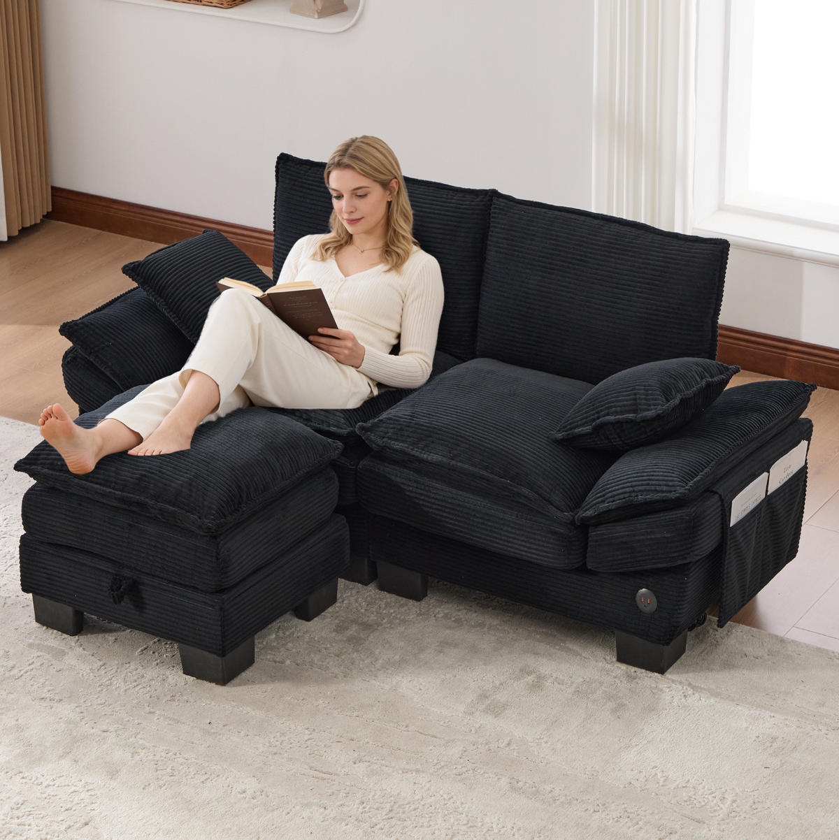 ECKSOFA aus Corduroy 190x132x84 cm in Schwarz mit Hocker & USB-C - Schwarz, Textil (132/190cm) - Modfu