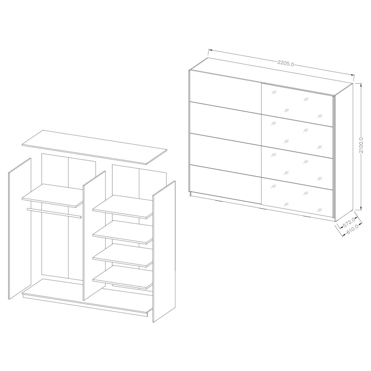 SCHWEBETÜRENSCHRANK BETTINA 221/210/61 cm 2-türig mit Spiegel Weiß - Weiß, Holzwerkstoff (221/210/61cm) - MASSENO