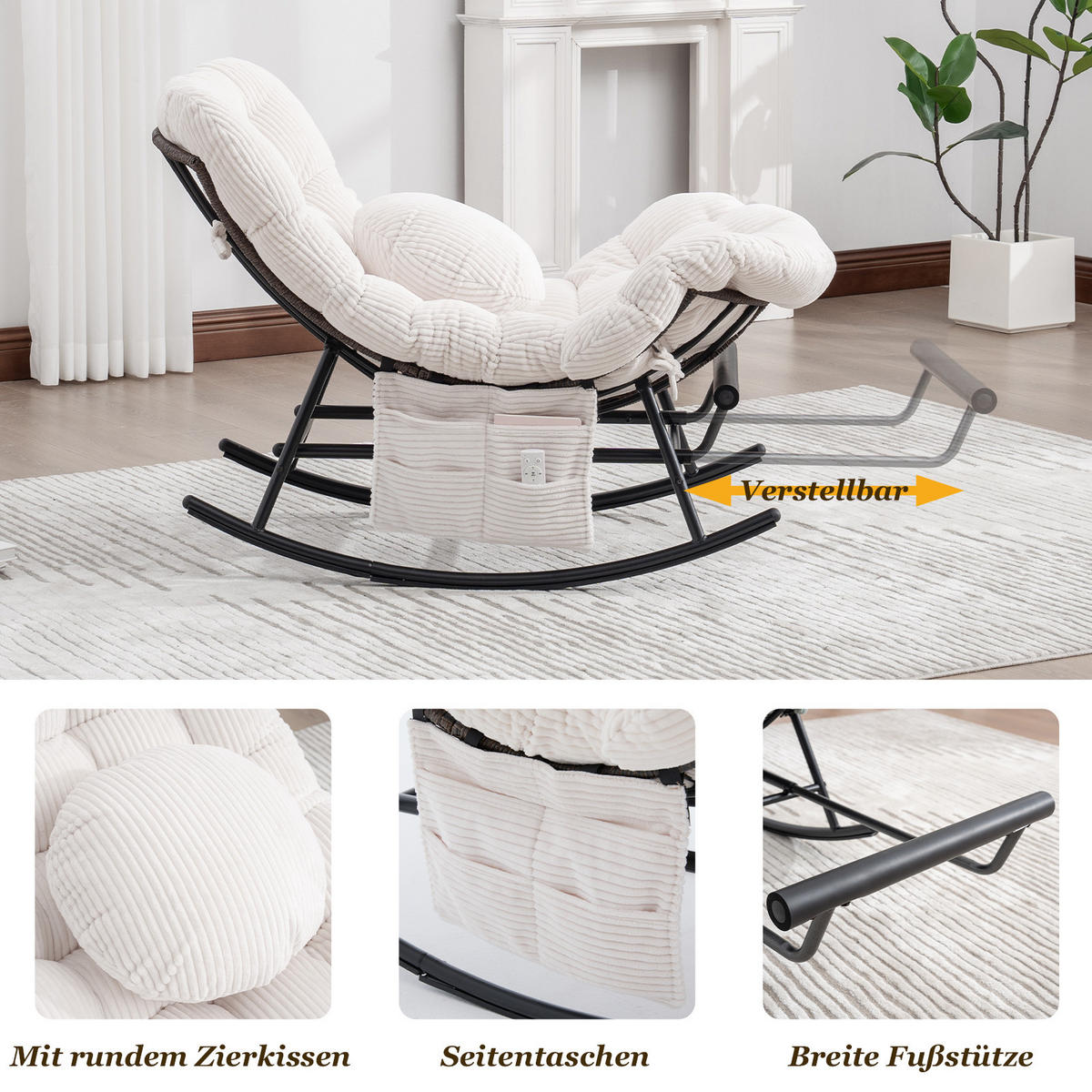 SCHAUKELSTUHL mit Fußstütze,Schaukelsessel XXL Rattanstuhl mit Kissen, Cord, Beige - Beige, Textil (90/78/150cm) - LVHOM