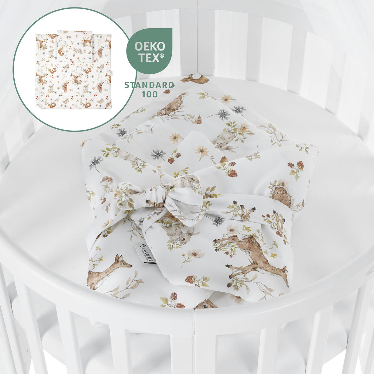 BABYBETT WHITE OVAL 7in1 mit Matratze und Himmelset - Multicolor/Naturfarben, Holz/Textil