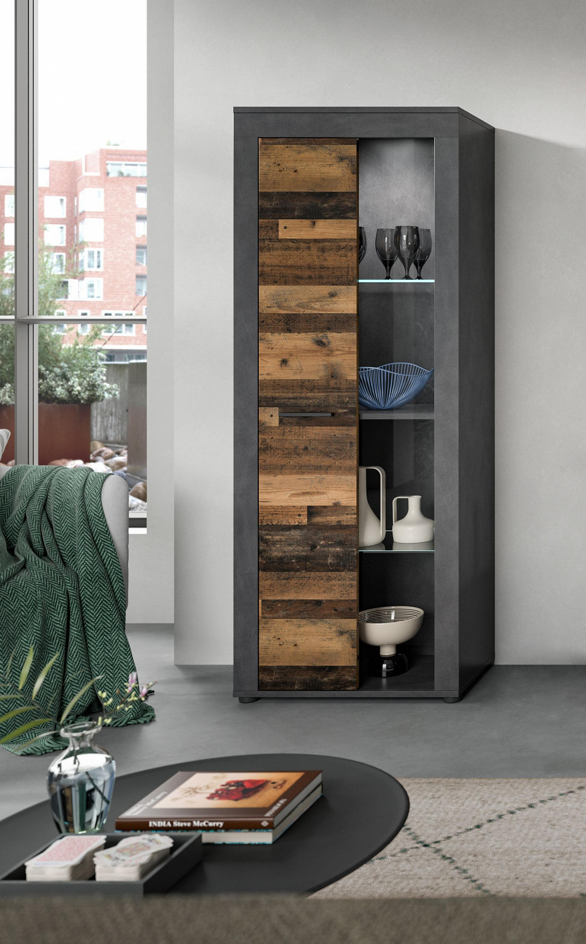 VITRINE JAM (B/H/T: ca. 60/159/35 cm) in Matera/Old Wood Nachbildung - Naturfarben, Holzwerkstoff (60/159/35cm)