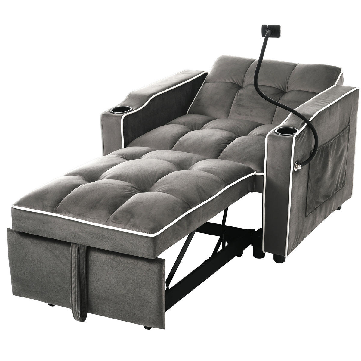 SCHLAFSESSEL Samt 3-in-1 ausziehbar mit Getränkehaltern Antik Dunkelgrau 83/167/76 cm - Dunkelgrau, Textil (83/76/167cm) - Redom