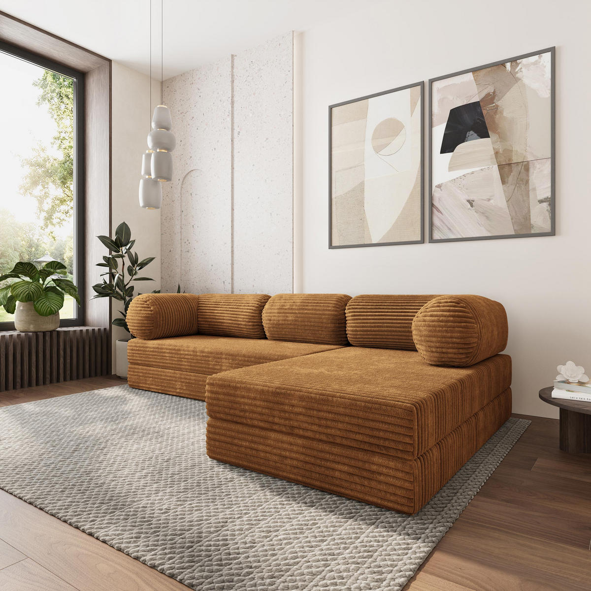ROHOVÁ SEDAČKA ETERA modulární Boneless pohovka s funkcí spaní, měděná TILIA 56 - pomerančová, textil (270/160cm) - MASSENO