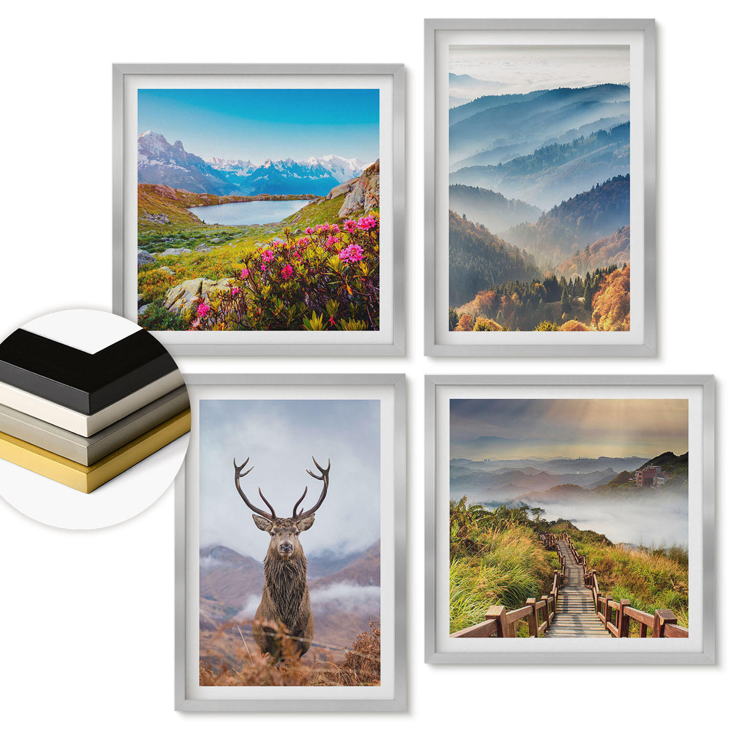WANDBILDER 4er Set - 50x50 cm & 40x60 cm Silberner Rahmen - Berglandschaft, See, Hirsche - Silberfarben, Kunststoff (50/50cm) - ArtPrintCave