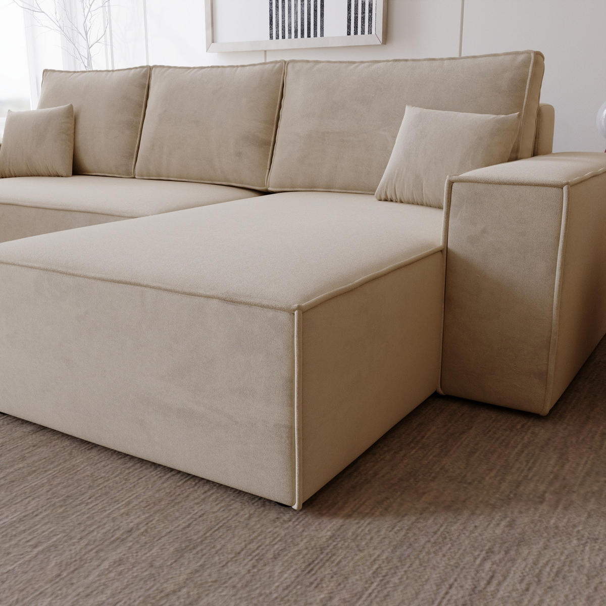 ECKSOFA mit Schlaffunktion Bergamo L 280 cm, Samt, Rechts - Beige - Beige, Holz (189/277cm) - Emporius
