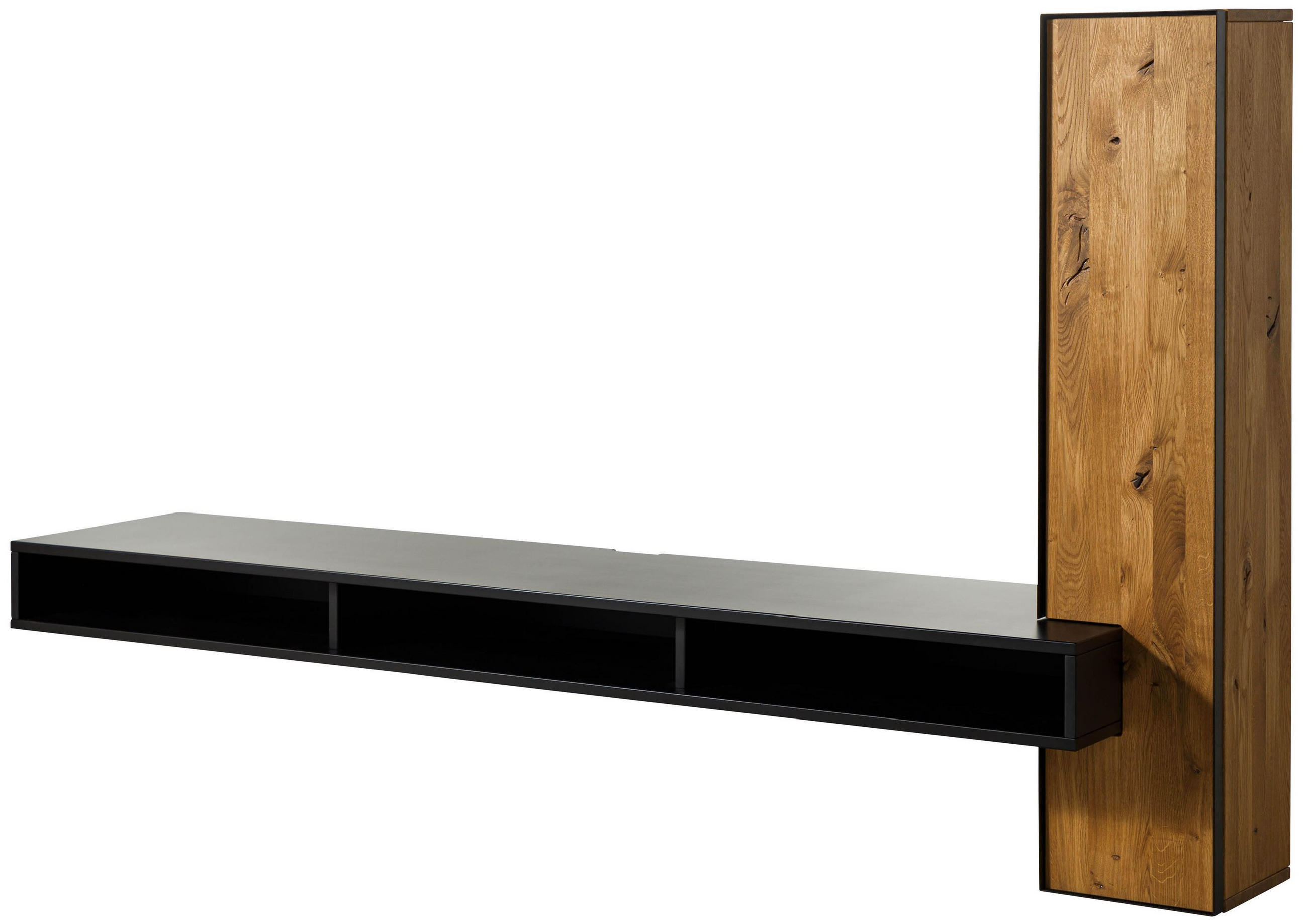 LOWBOARD schwebend Wildeiche 234x49x140 natur geölt /schwarz lackiert STARNBERG #07 - Braun, Holz (234/140/49cm) - Massivmoebel24