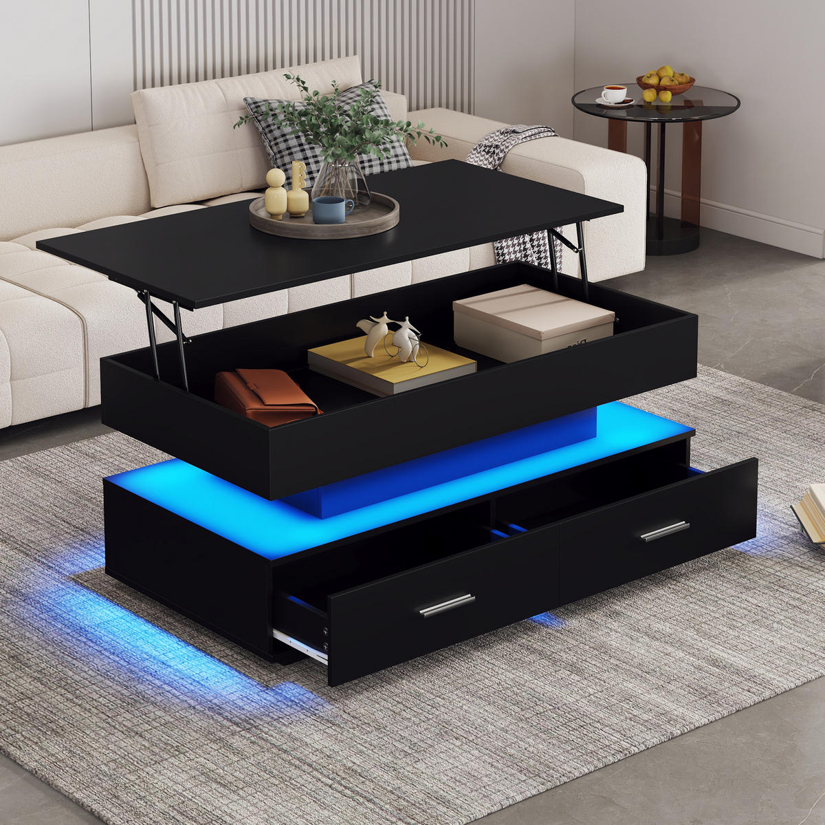 COUCHTISCH 100/50/44 cm schwarz aus Spanplatte mit LED-Beleuchtung und Stauraum - Weiß, Holzwerkstoff (100/50/44cm) - OKMYHOME