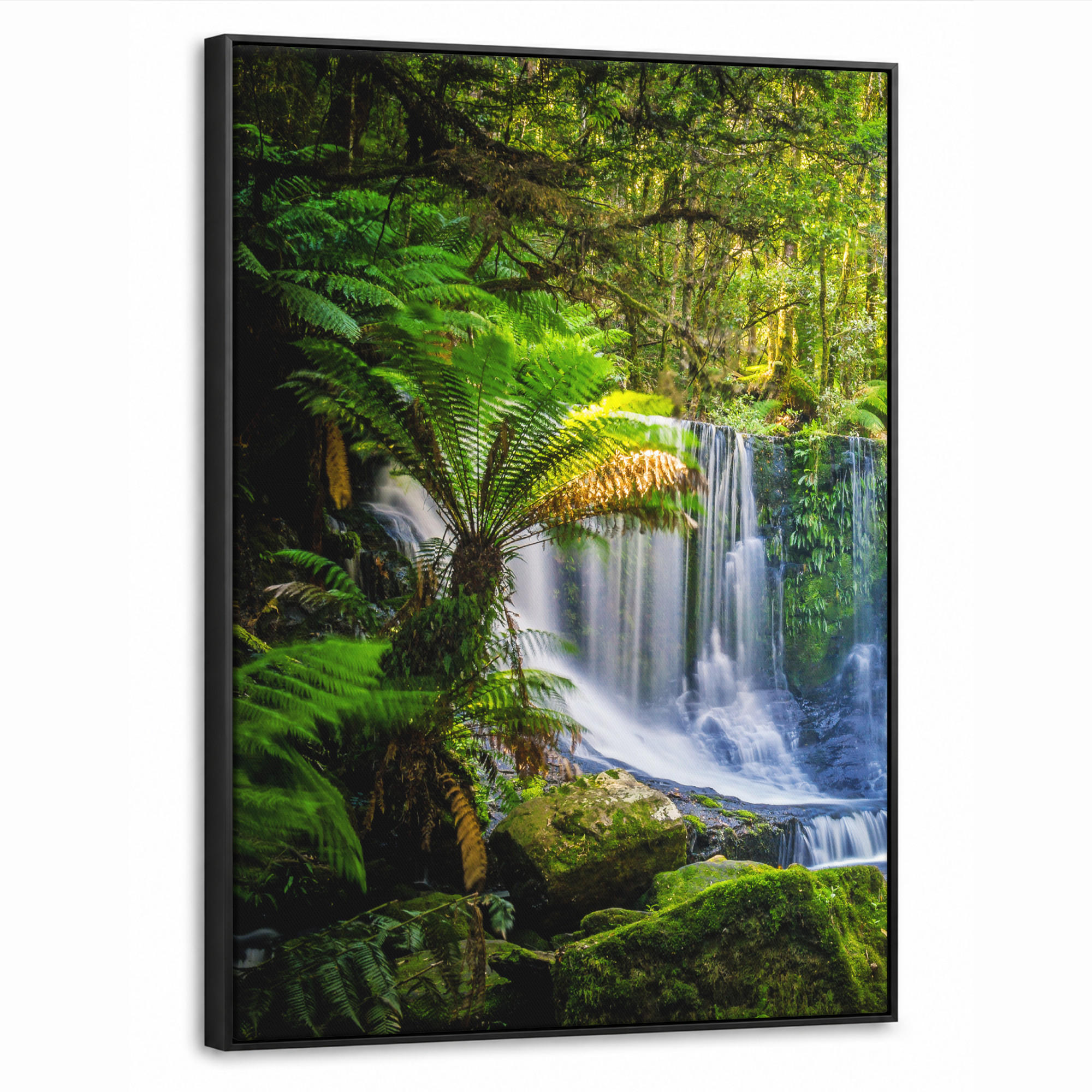 LEINWAND Bilder mit Rahmen - Dschungel - Wasserfall - Australien - Pflanzen - Natur - 70x100 - Dunkelgrün, Textil (70/100cm) - MuchoWow