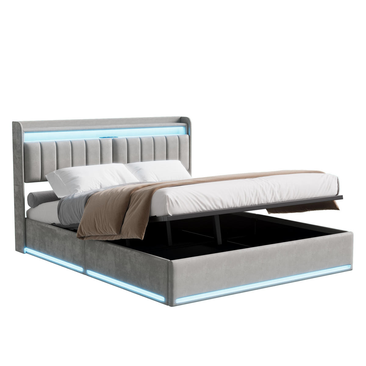 BETT 160x200cm mit hydraulischem Stauraum, LED- und USB-Anschlüssen, mit Lattenrost - Grau, Holzwerkstoff/Textil