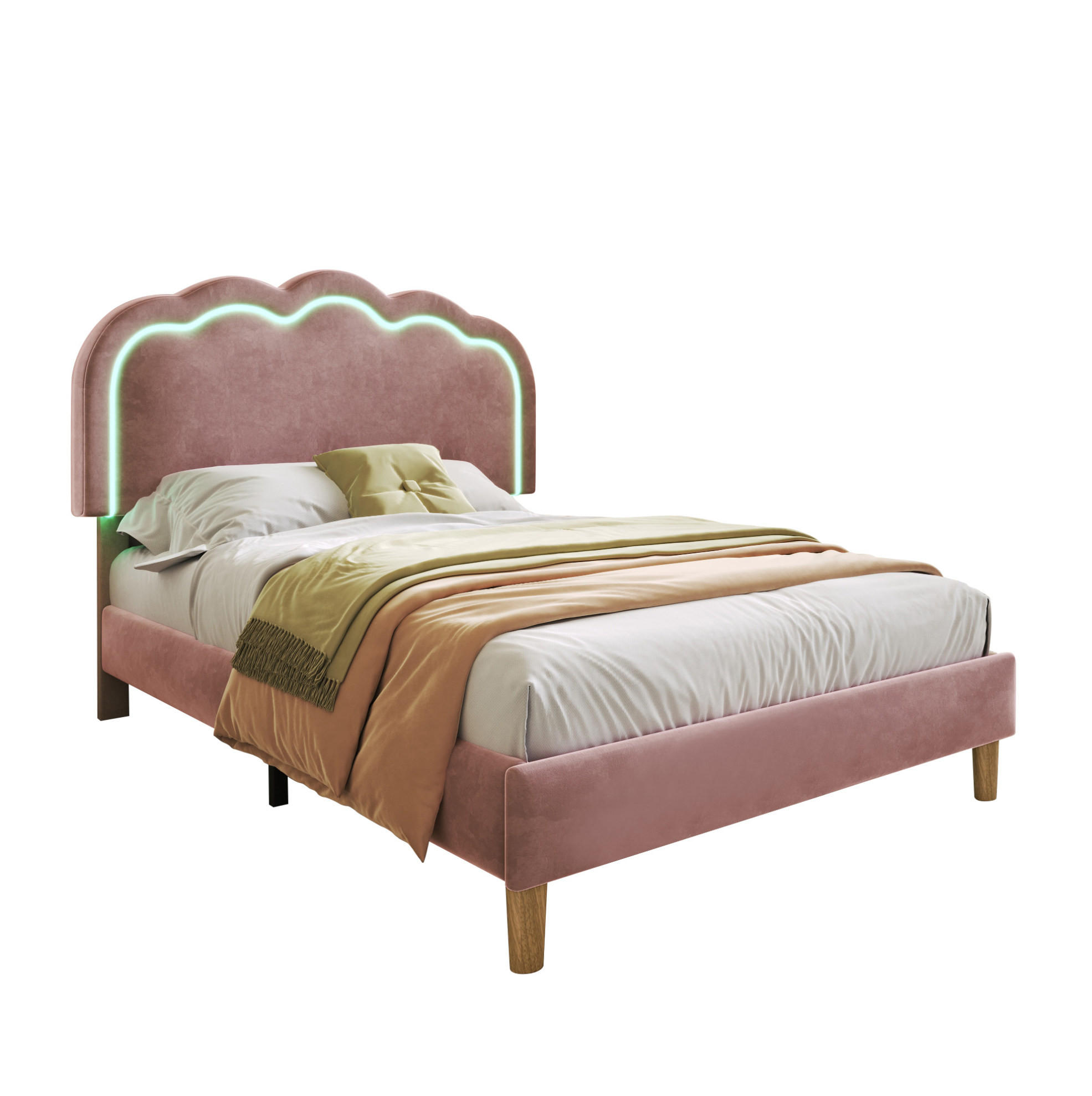 SAMT-POLSTERBETT 90/190 cm in Rosa mit LED-Beleuchtung und verstellbarem Kopfteil - Pink, Textil (90/200cm) - BEAOK