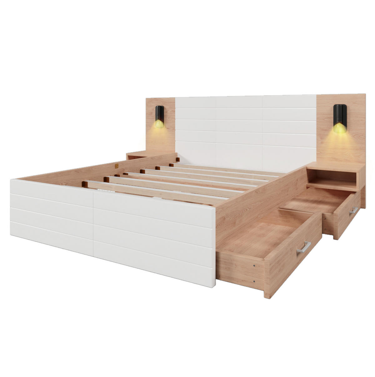 POLSTERBETT aus Massivholz und MDF 140x200 cm in Weiß mit Leselicht & Matratze - Weiß, Holzwerkstoff (140/200cm) - Modfu