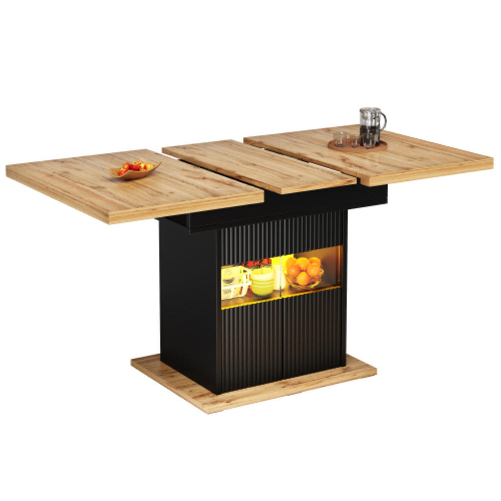 AUSZIEHBARER Esstisch 110-140×80×76 cm aus MDF und Metall mit Stauraum und integrierter LED-Beleuchtung, schwarz - Schwarz, Holzwerkstoff (140/80/76cm) - Luhomfu