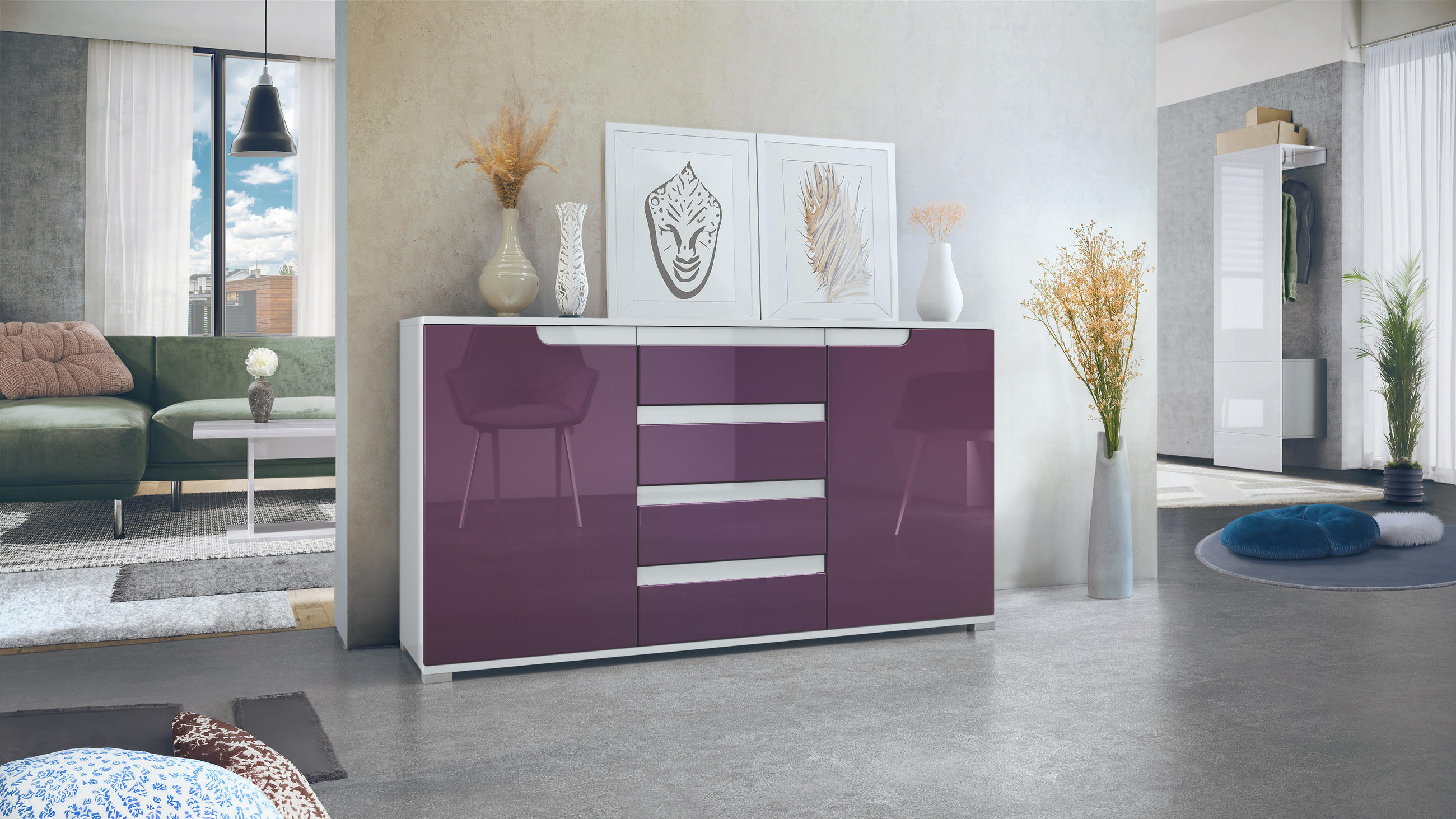 SIDEBOARD Sylt Brombeer Hochglanz / Weiß Hochglanz - Brombeere, Holzwerkstoff (138.5/75.5/35cm) - Vladon