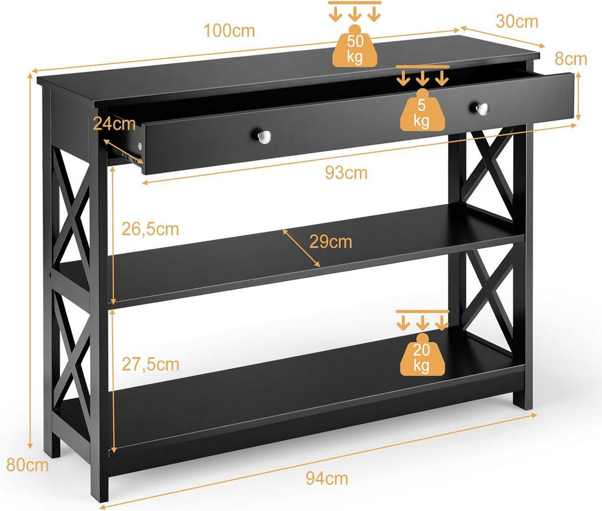 KONSOLBORD 80 cm Svart - Svart, Trä (30/100/80cm) - COSTWAY