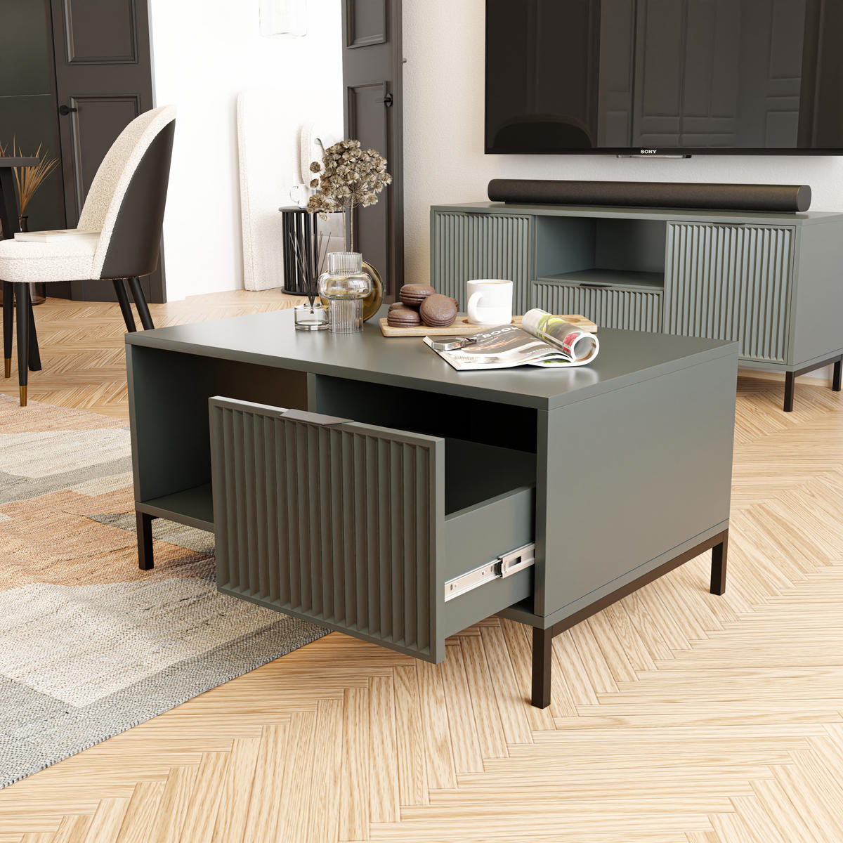 COUCHTISCH WAVE 90/58/45 cm, rechteckig, Grün - Schwarz/Grün, Holzwerkstoff/Metall (58/90/45.5cm) - Idohome