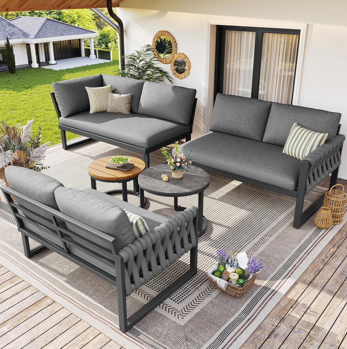 GARTENLOUNGE-SET 123/68/86 cm grau aus Olefin mit verstellbaren Tischbeinen - Grau, Metall - OKWISH