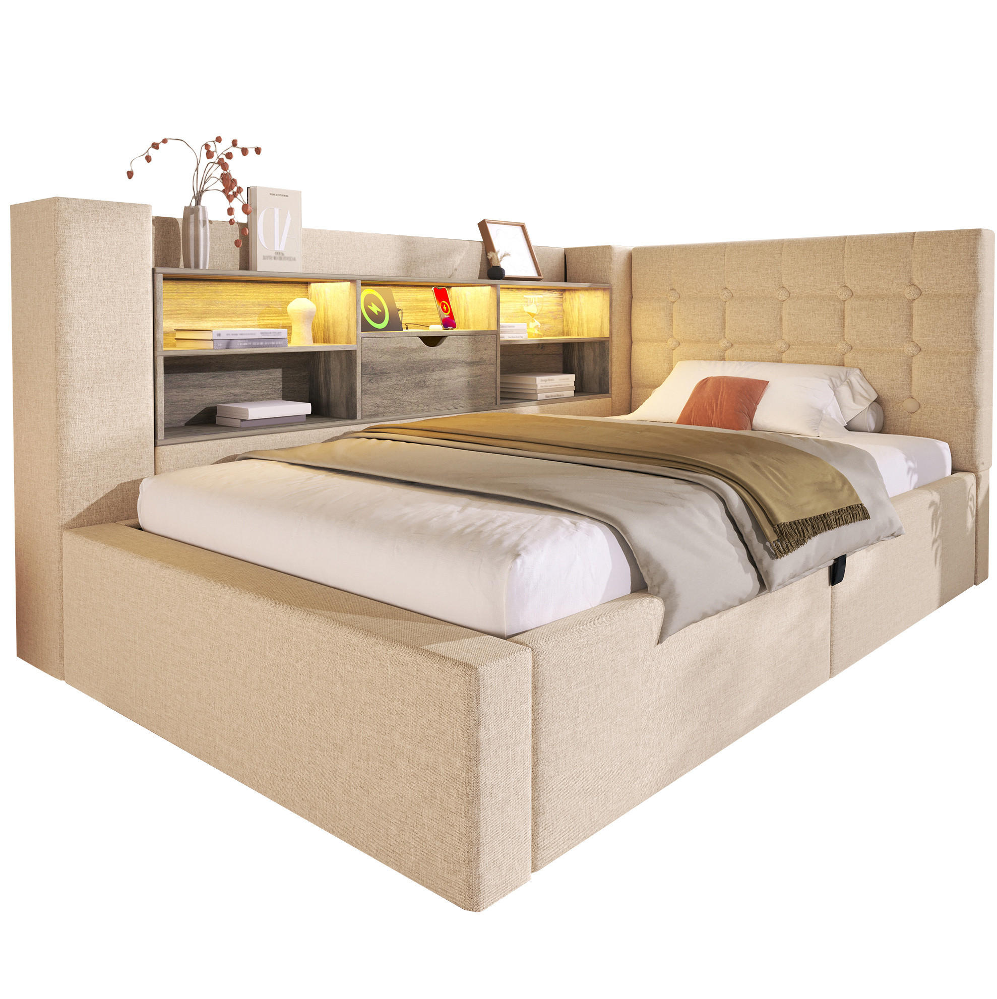 POLSTERBETT 90/200 cm Beige mit LED-Beleuchtung, Stauraum und USB-/Type-C-Anschlüssen - Beige, Textil (90/200cm) - Flora Grace