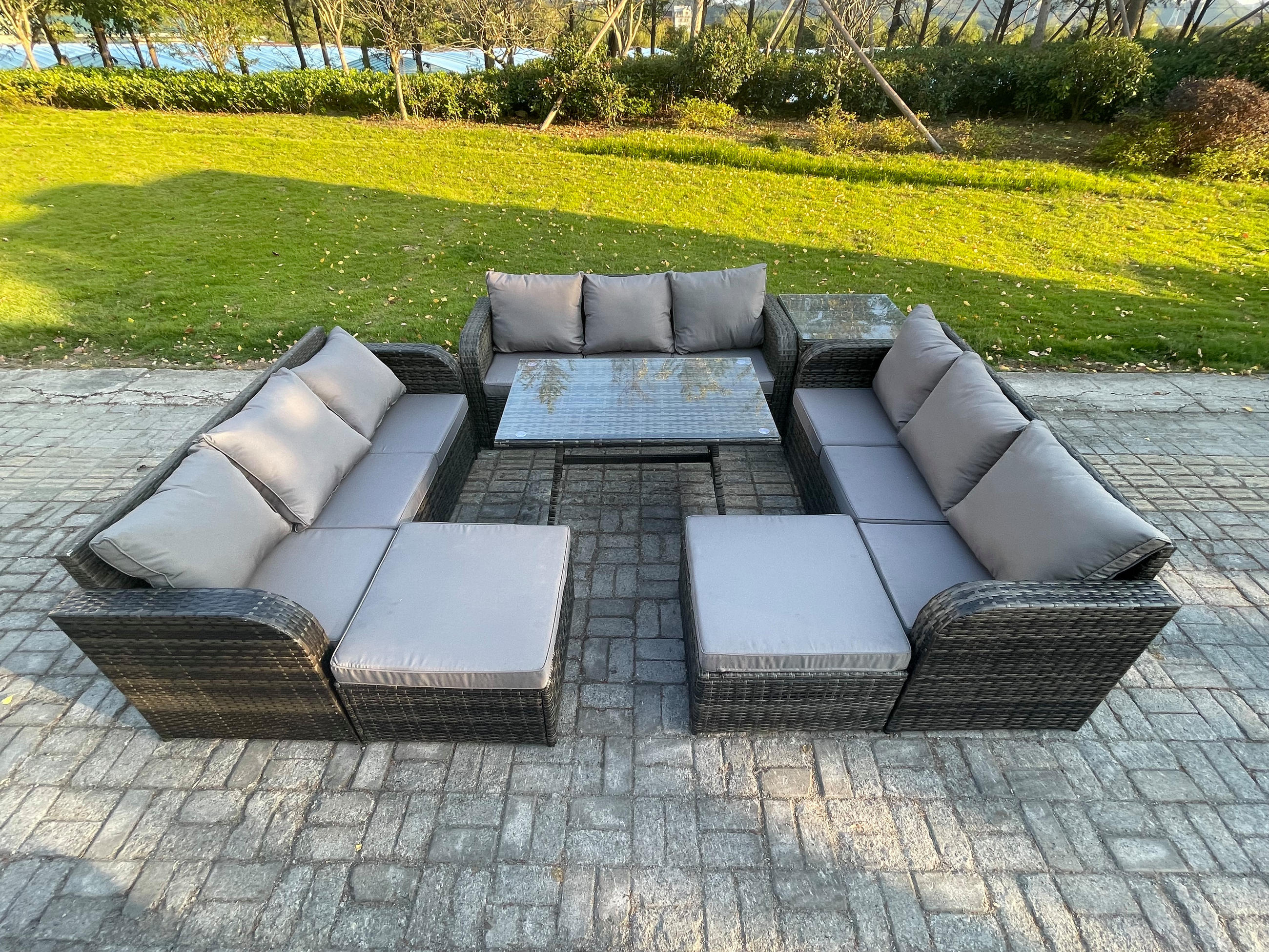 GARTENMÖBELSET mit ESSTISCH, 3-SITZER SOFA Polyrattan 11-Sitzer - Dunkelgrau/Grau, Glas/Kunststoff - Fimous
