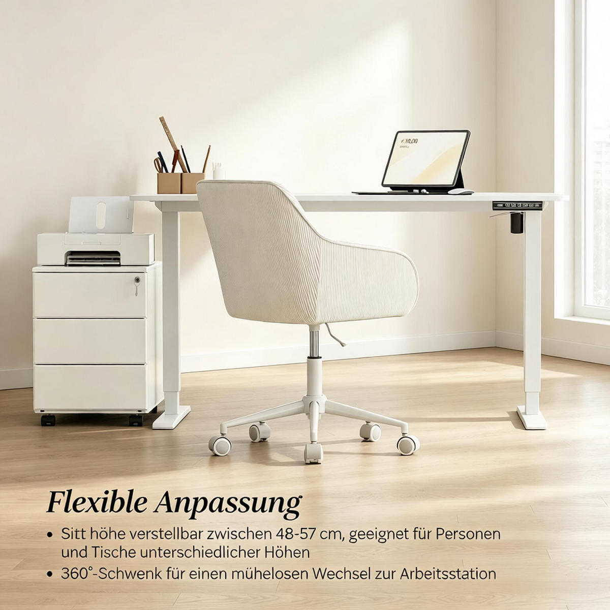 DREHSTUHL DE-40915 mit Cordbezug und Karomuster höhenverstellbar Beige - Beige, Metall (40/90/56cm) - ComfortXL