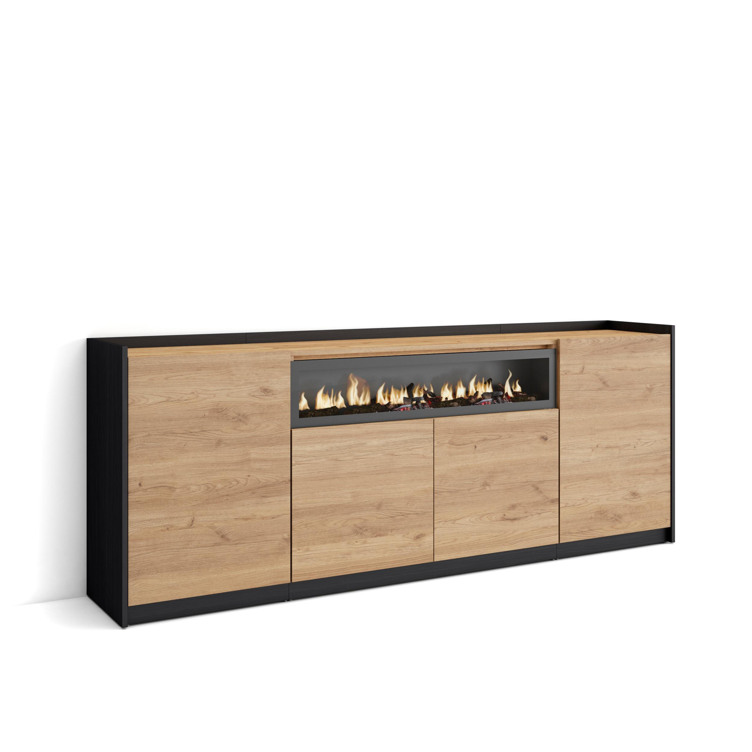 SIDEBOARD, Highboard, Eiche Schwarz, Elektrokamin, 207/37/80cm - Eichefarben, Holzwerkstoff (207/80/37cm) - Skraut Home