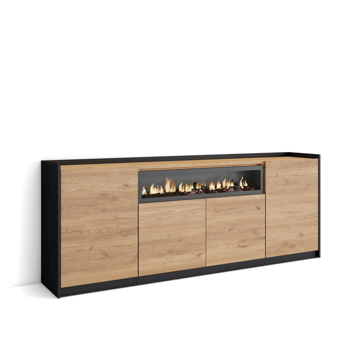 SIDEBOARD, Highboard, Eiche Schwarz, Elektrokamin, 207/37/80cm - Eichefarben, Holzwerkstoff (207/80/37cm) - Skraut Home