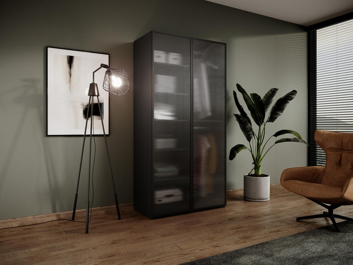 KLEIDERSCHRANK ZEN (Modular, Schwarz Matt, Geriffeltes Glas Flutes, 2-türig) - Schwarz, Holz/Holzwerkstoff (101/200/51cm) - Ravio