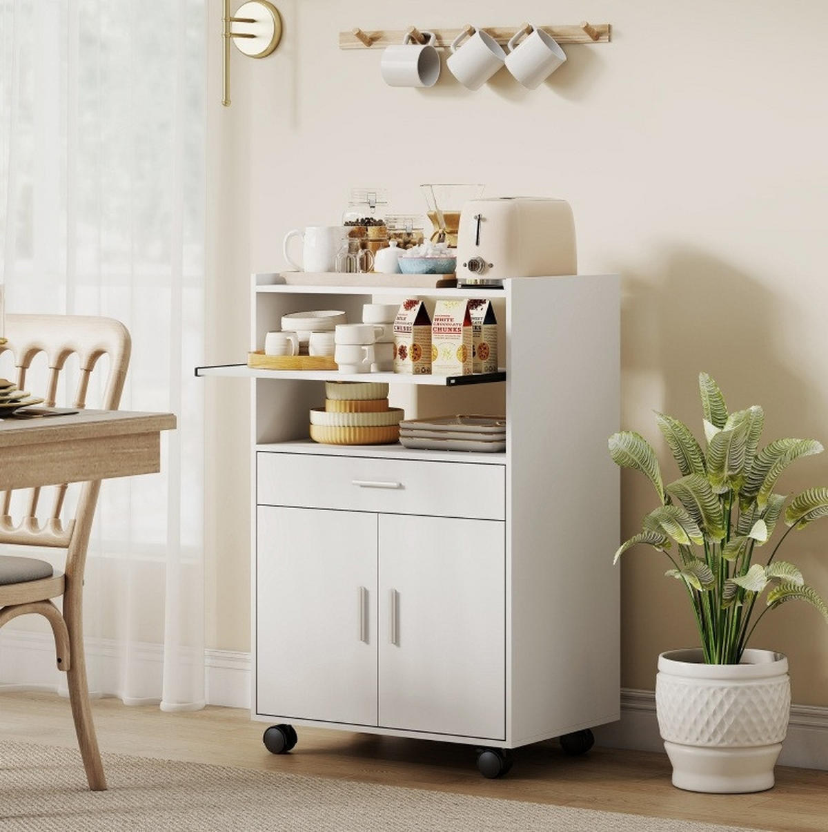 BUFFET 59/40/92 cm weiß aus MDF mit Rollen und Stauraum - Weiß, Holz (59/92/40cm) - OKWISH