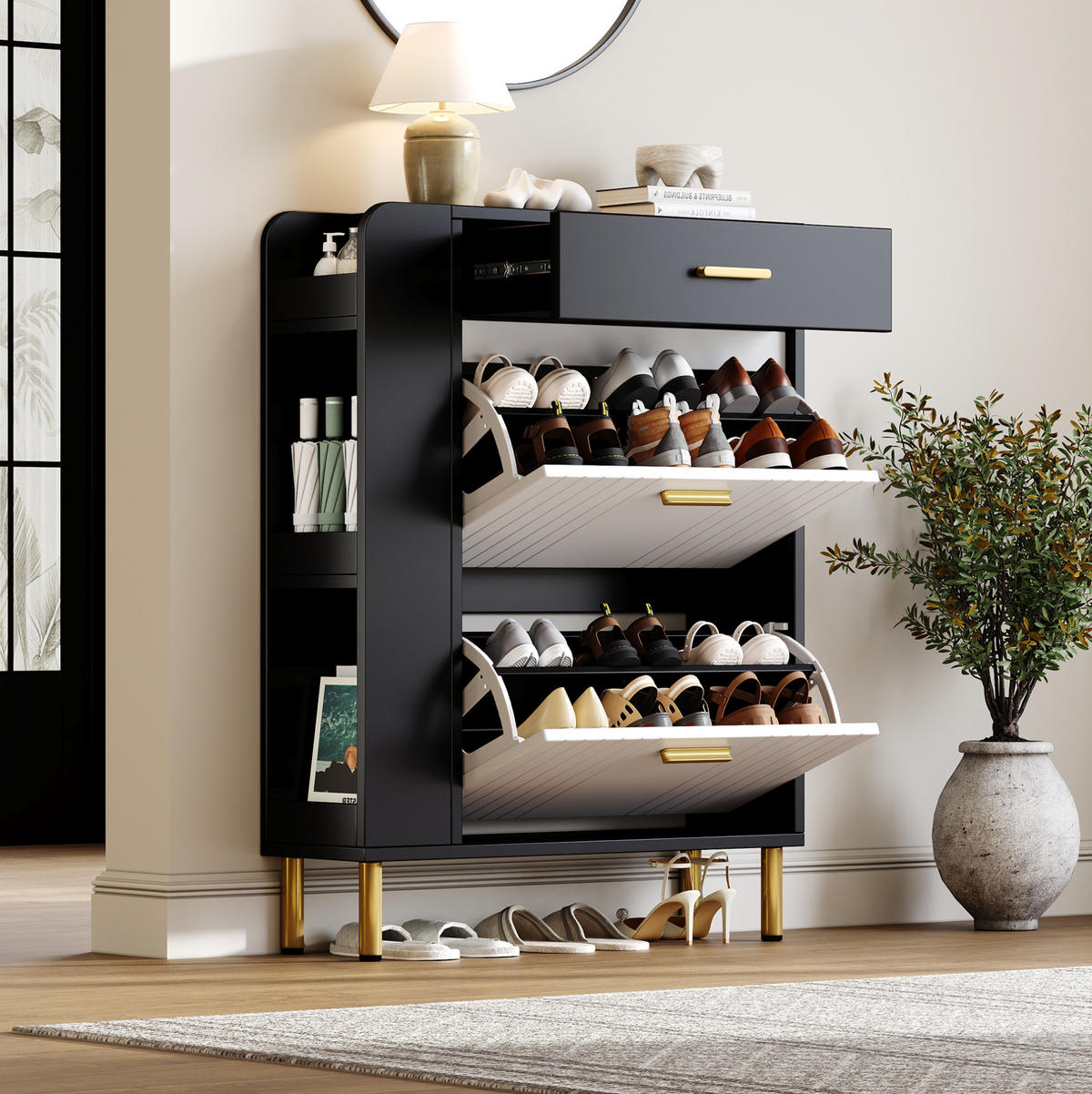 SCHUHSCHRANK 80/24/105 cm mit 2 Klappen, 1 Schublade und offenen Fächern - Schwarz, Holzwerkstoff (80/105/24cm) - BEAOK