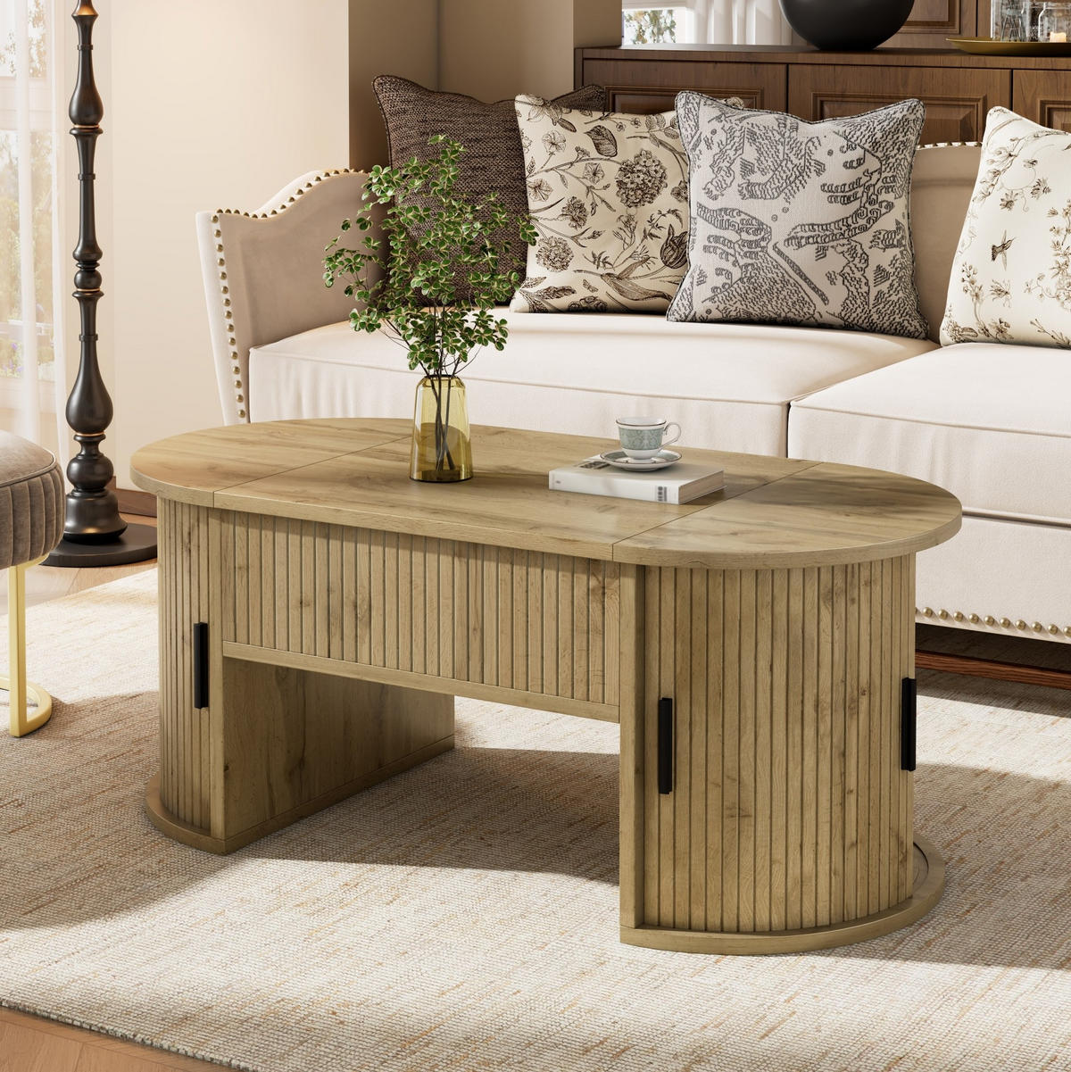 COUCHTISCH 100/50/40,5 cm mit höhenverstellbarer Tischplatte, Schiebetüren und offenen Fächern, Eichefarben - Eichefarben, Holzwerkstoff (100/50/40.5cm) - Redom