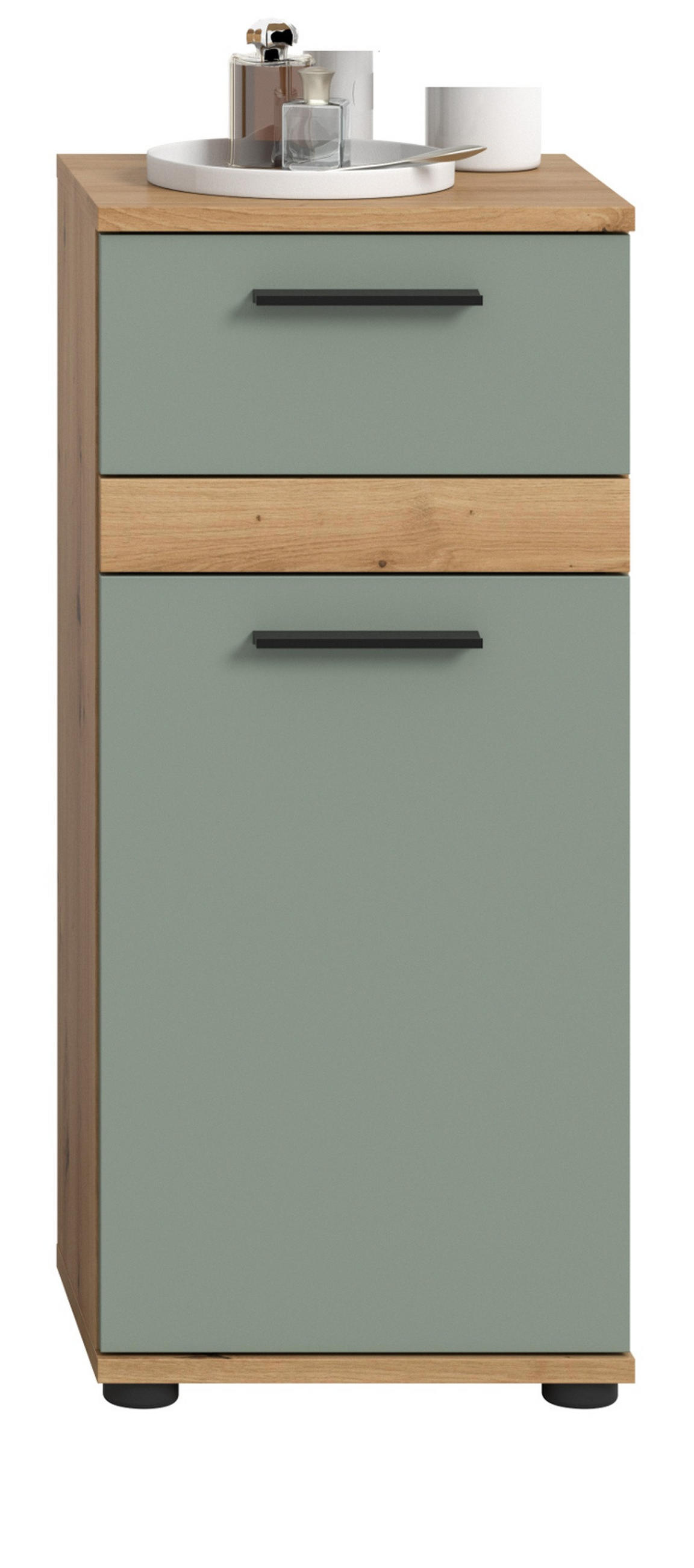 KOMMODE Salbei grün, Eiche Artisan 35 x 79 cm, Badschrank in modernem Design - Salbeigrün/Schwarz, Holzwerkstoff/Kunststoff (35/79/31cm) - Inn.Furn