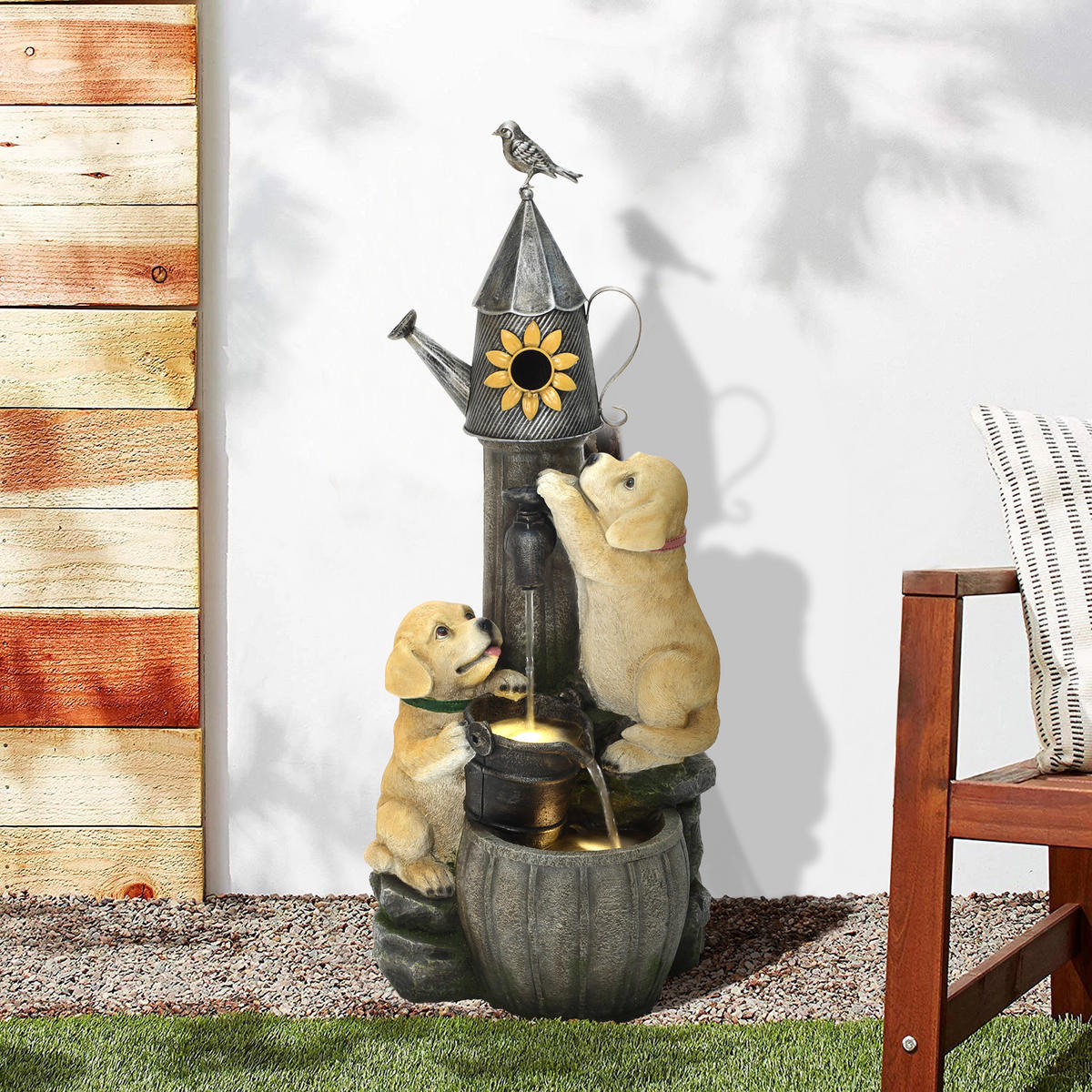 POLYRESIN-GARTENBRUNNEN,2 Hündchen+Vogelhaus,90x38x34cm,Garten/Balkon/Terrasse - Grau, Kunststoff (34/38/90cm)