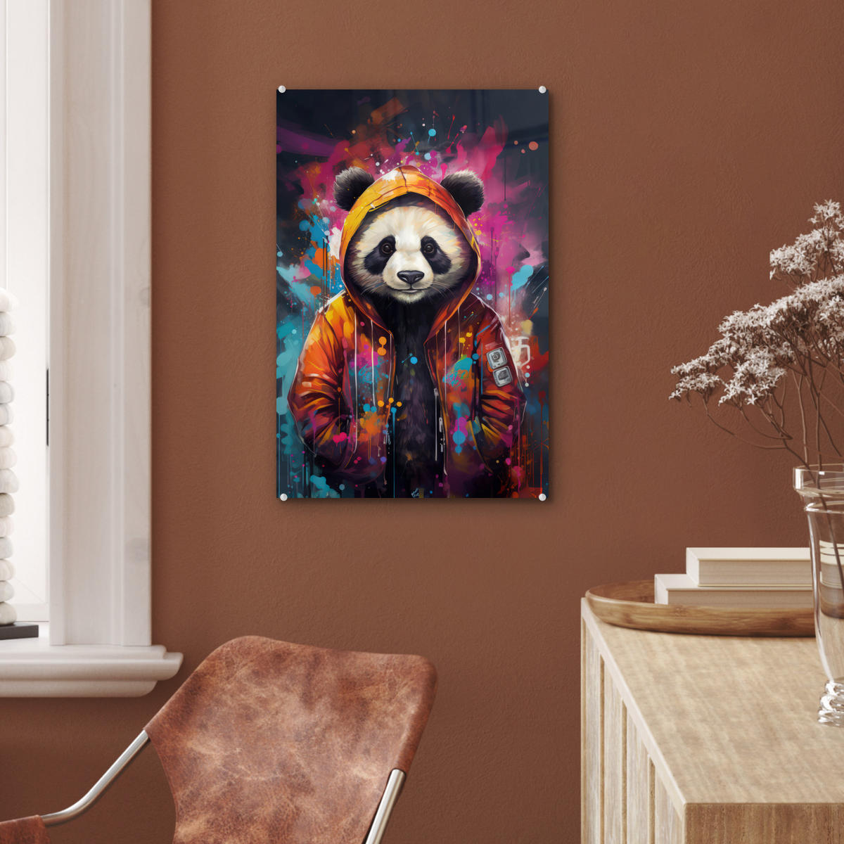 ACRYLGLASBILD Panda - Jacke - Graffiti - Orange 40x60 cm - Orange, Glas (40/60cm) - MuchoWow