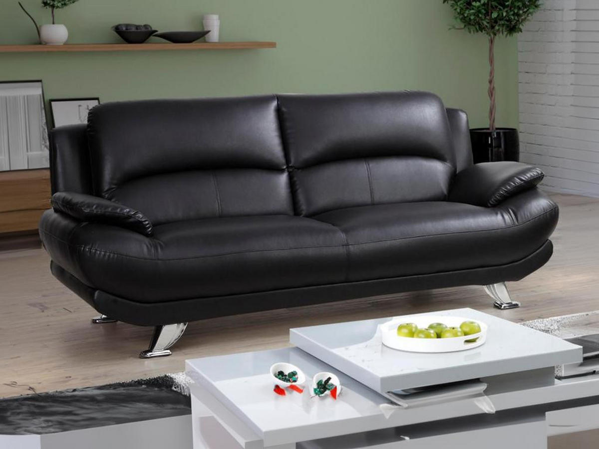 SOFA 3-Sitzer - Kunstleder - Schwarz - MUSKO - Schwarz, Leder (91/89/200cm) - Vente-Unique