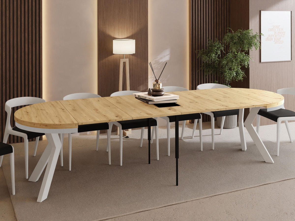 ESSTISCH Savio Weiß Neo rund ausziehbar verlängerbar XXL, Eiche Artisan Hellbraun 100-300/100/77 cm - Weiß/Eiche Artisan, Holz/Holzwerkstoff (100/100/77cm) - WFL GROUP