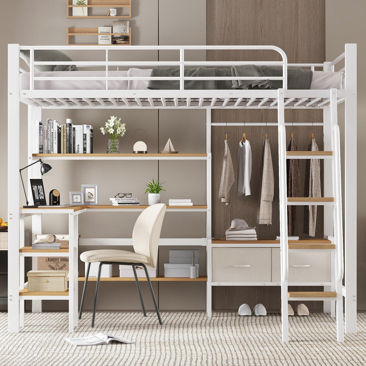 HOCHBETT 90/200 cm in Weiß & Natur mit Schreibtisch, Regal und 2 Stoffboxen Metall & Holz-Design - Weiß, Metall (90/200cm) - STILVORA
